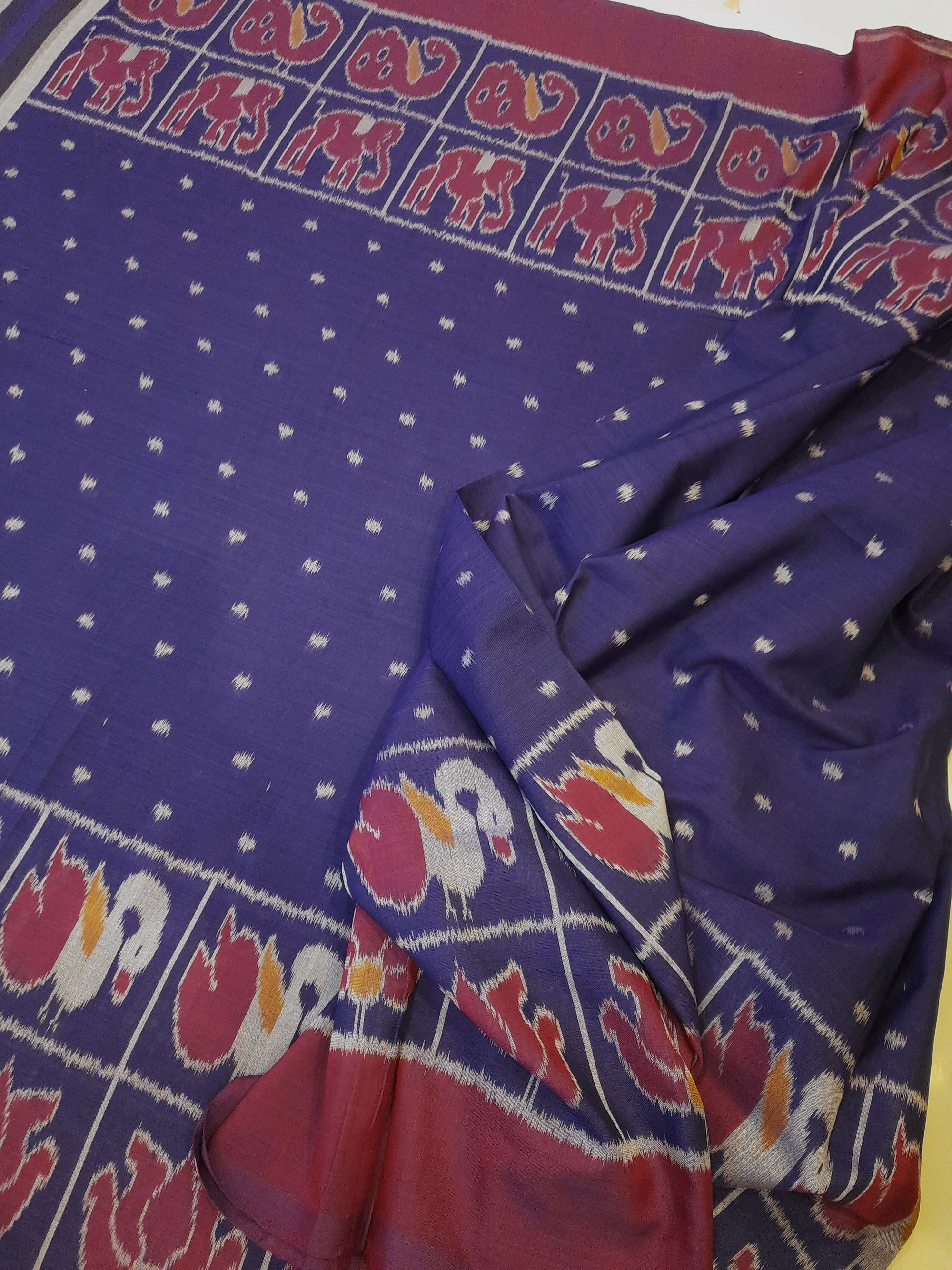 Blue cotton ikat wide border Saree with mix match cotton ikat blouse piece