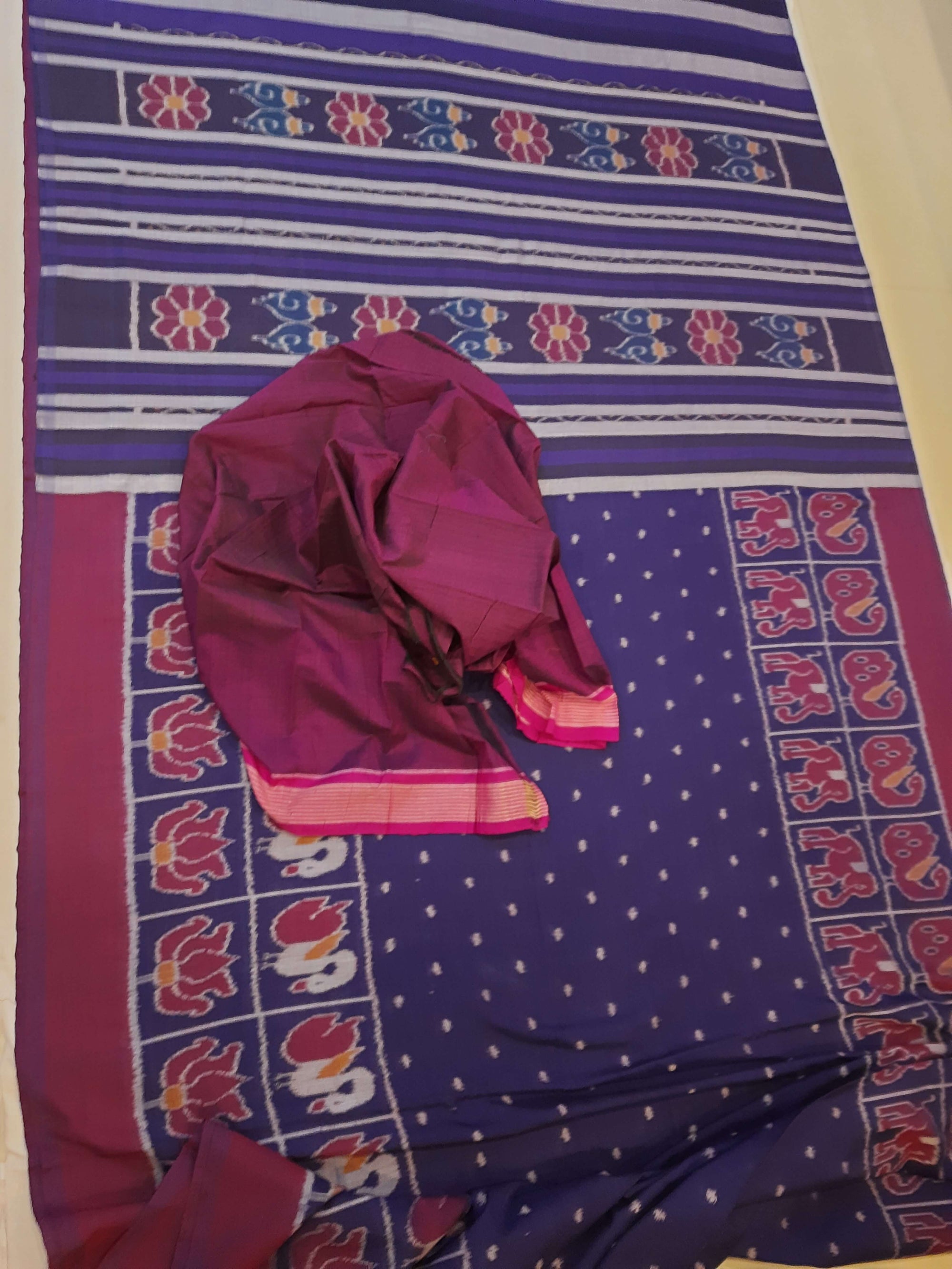 Blue cotton ikat wide border Saree with mix match cotton ikat blouse piece