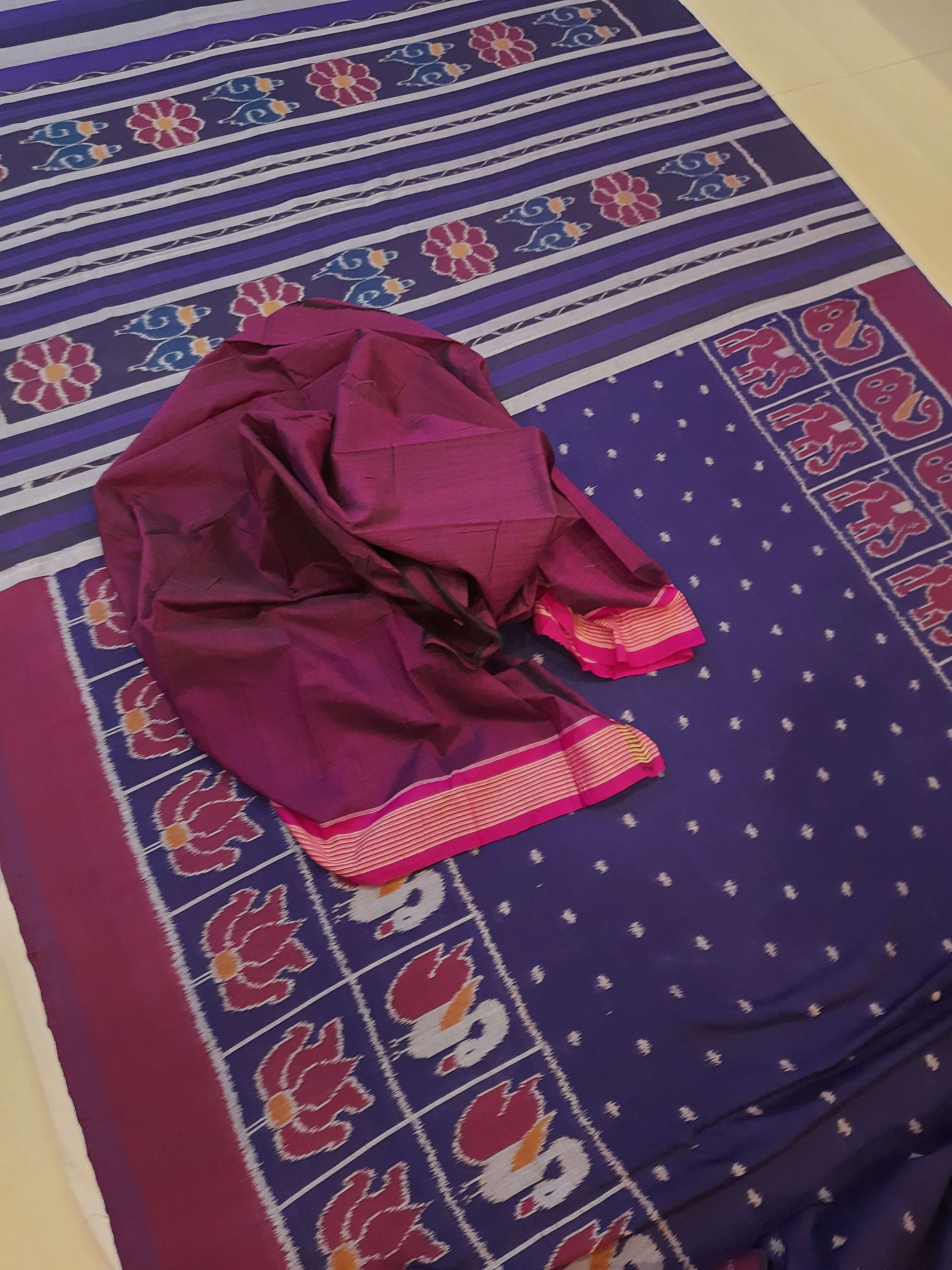 Blue cotton ikat wide border Saree with mix match cotton ikat blouse piece