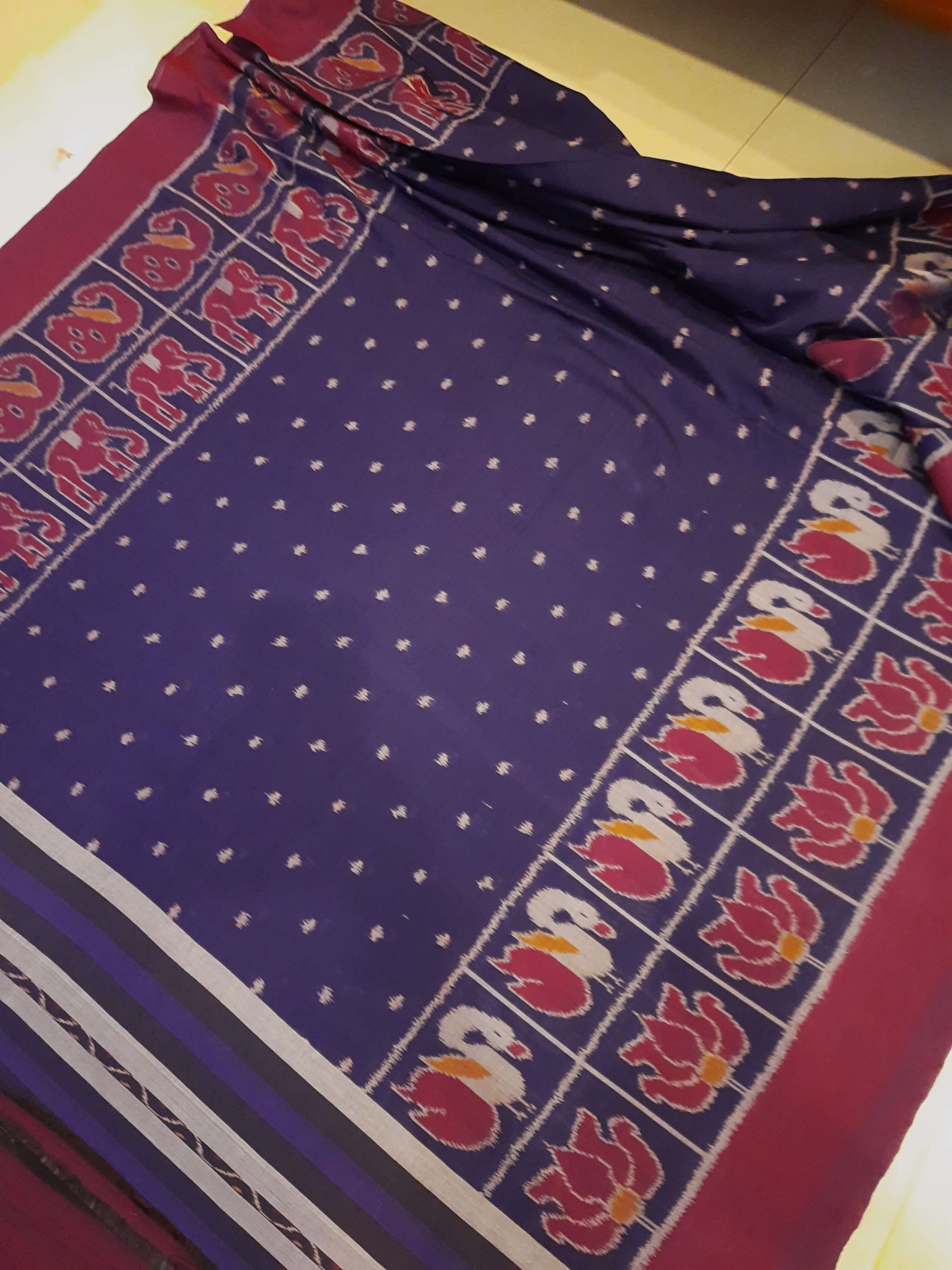 Blue cotton ikat wide border Saree with mix match cotton ikat blouse piece