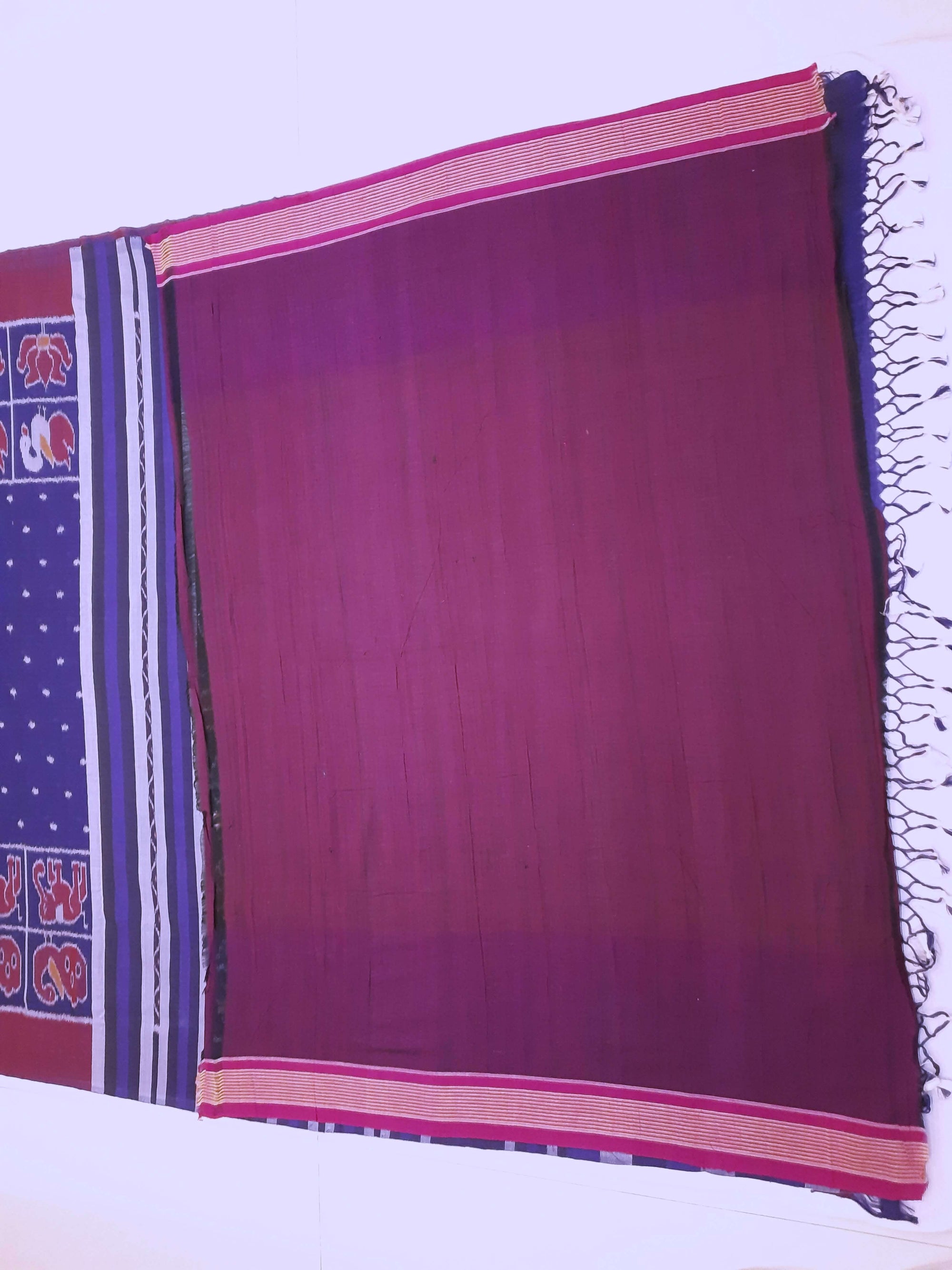 Blue cotton ikat wide border Saree with mix match cotton ikat blouse piece