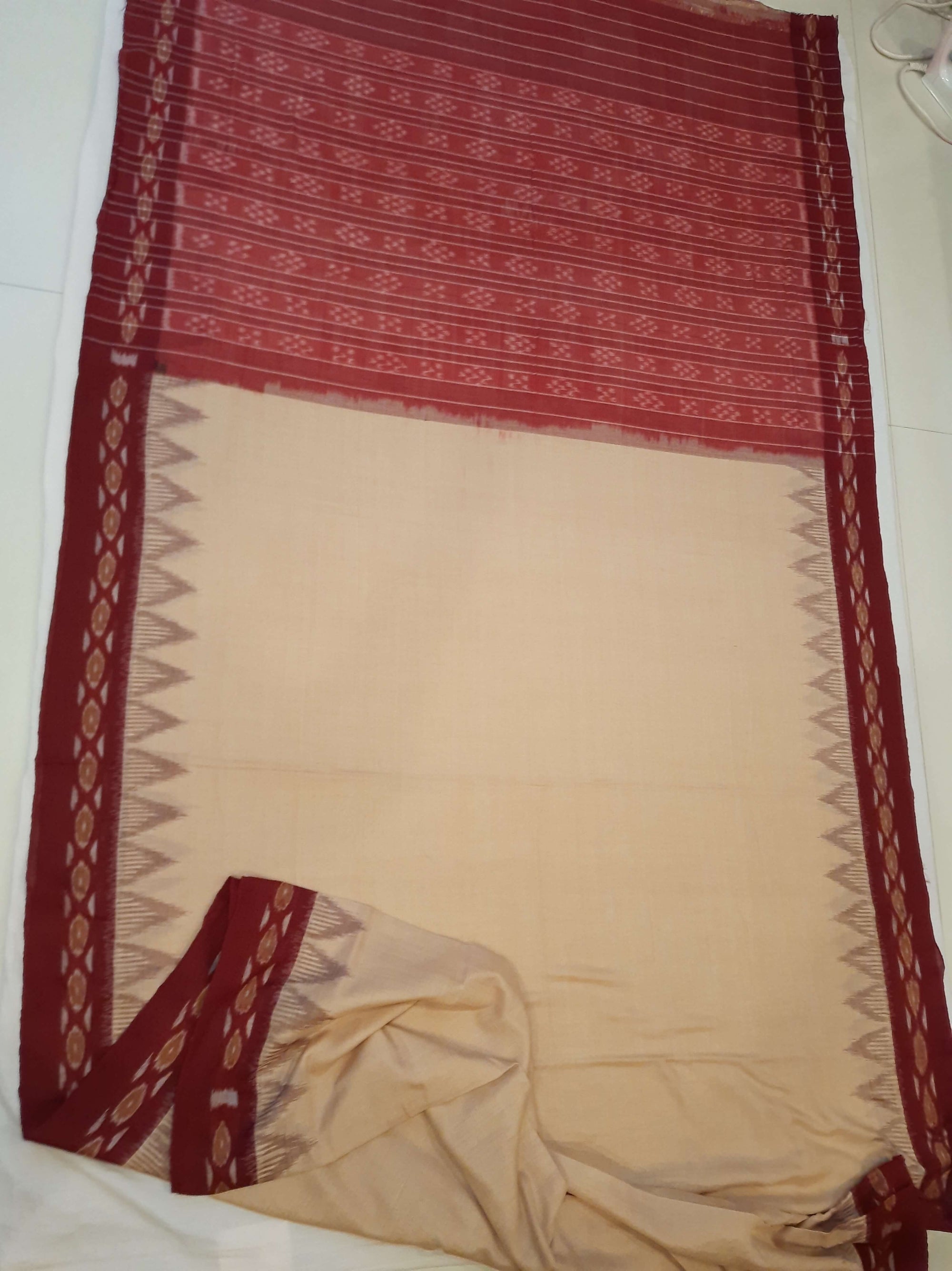 Beige with Maroon Cotton Odisha Ikat saree with cotton ikat blouse piece