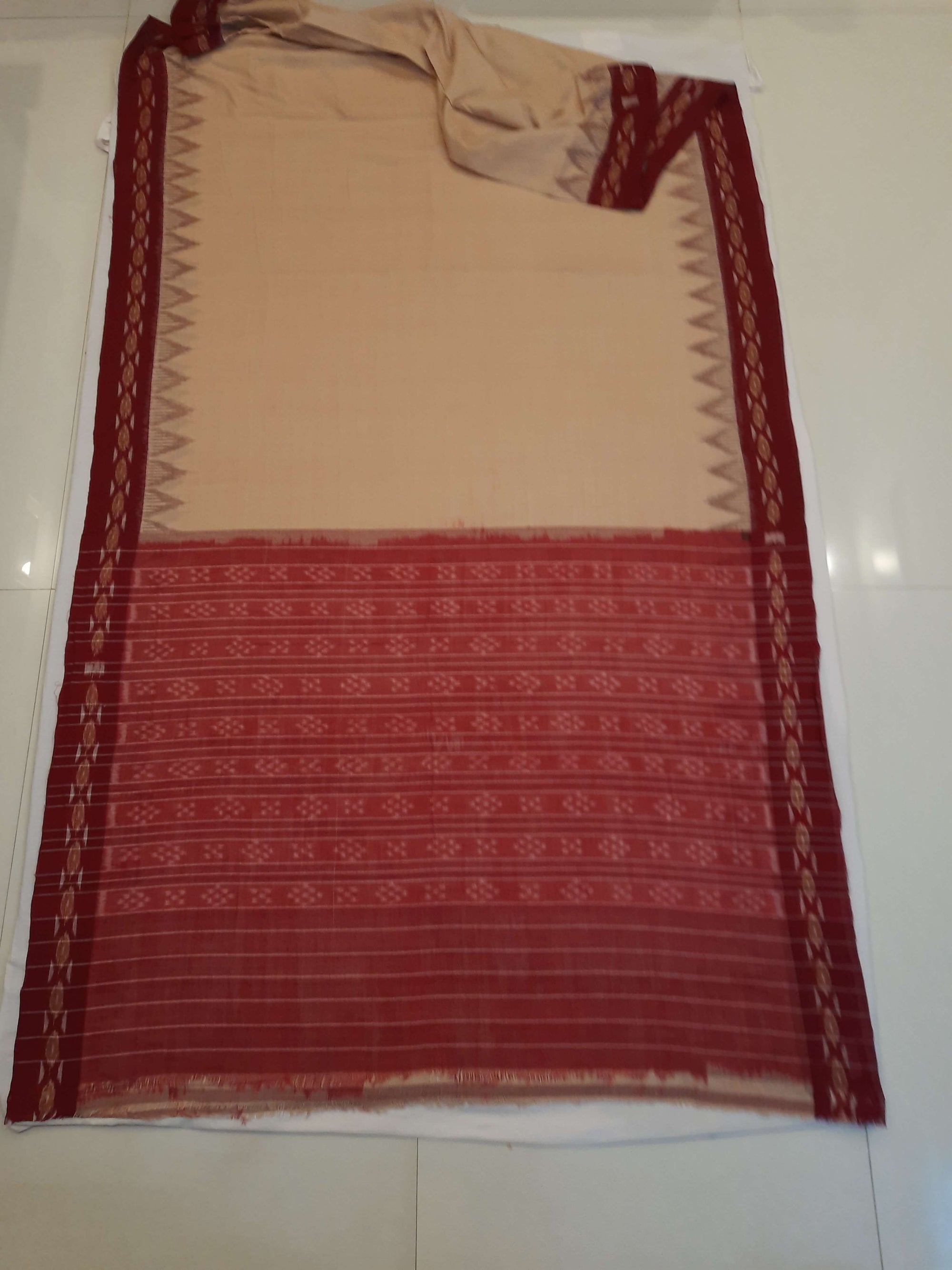 Beige with Maroon Cotton Odisha Ikat saree with cotton ikat blouse piece