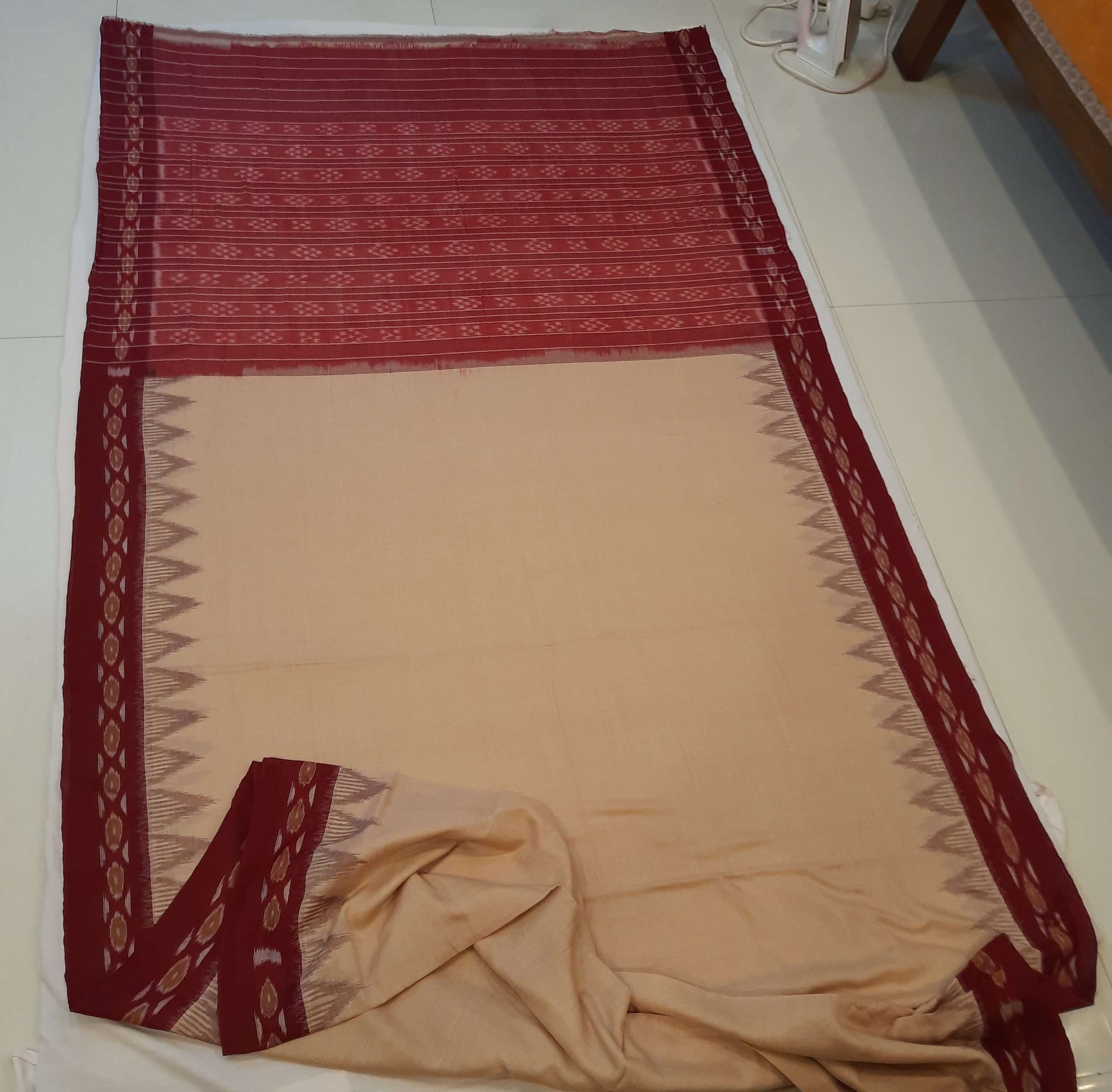 Beige with Maroon Cotton Odisha Ikat saree with cotton ikat blouse piece