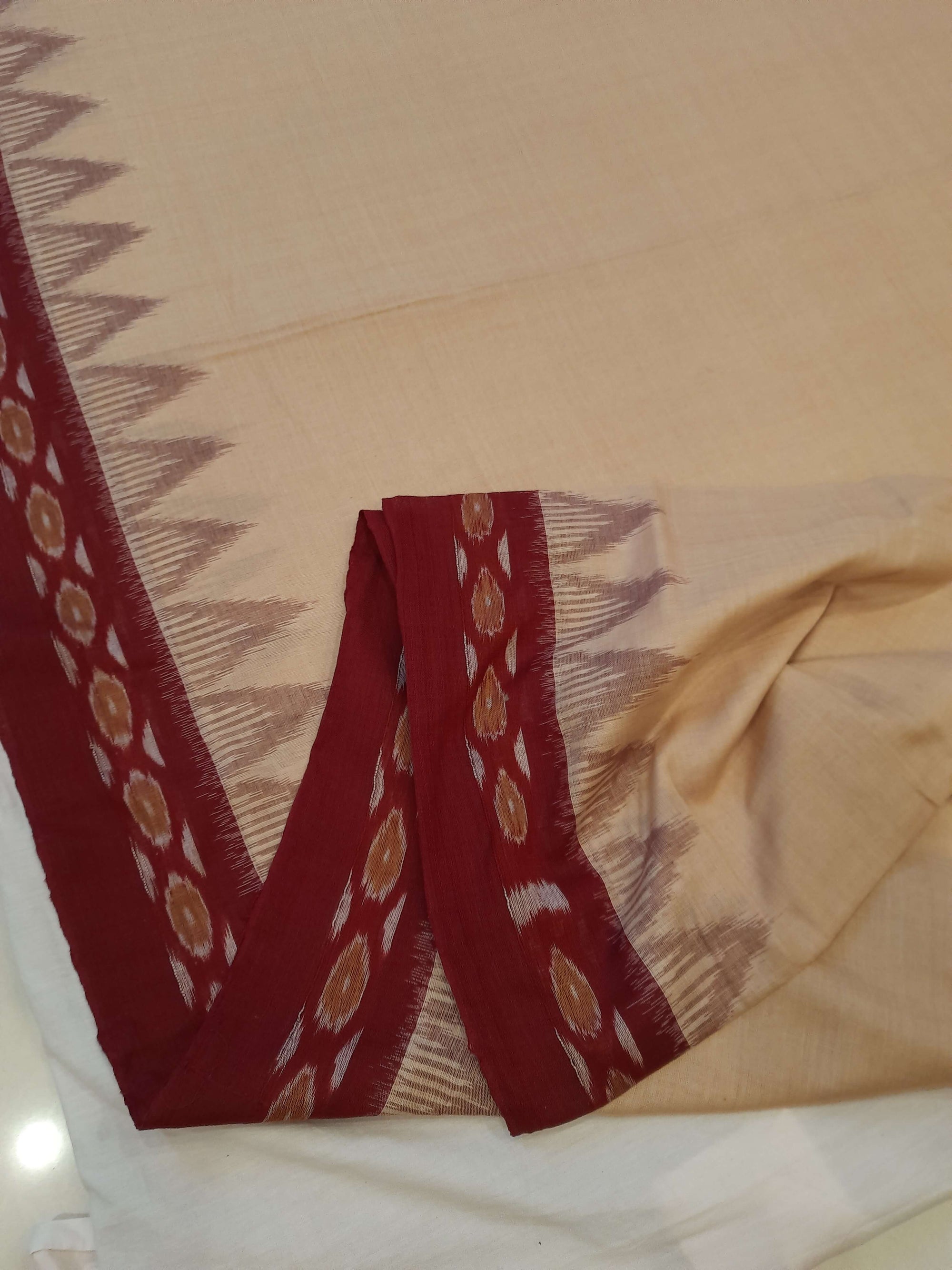 Beige with Maroon Cotton Odisha Ikat saree with cotton ikat blouse piece