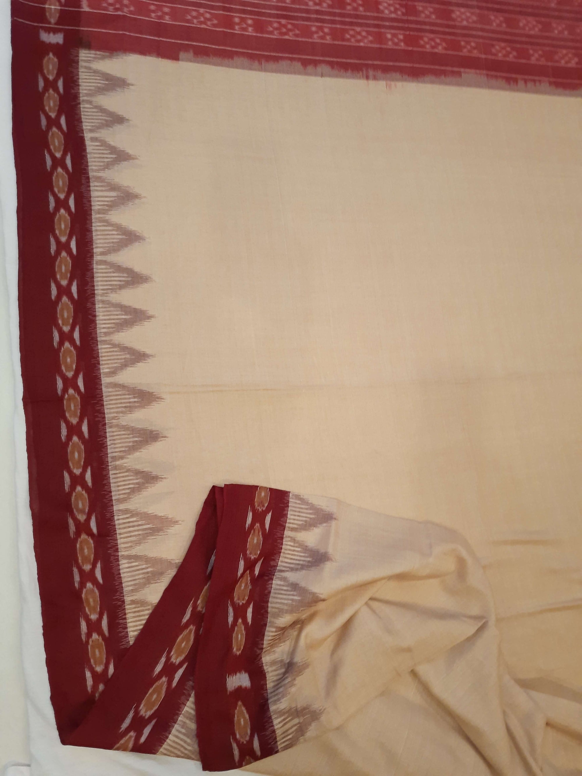 Beige with Maroon Cotton Odisha Ikat saree with cotton ikat blouse piece