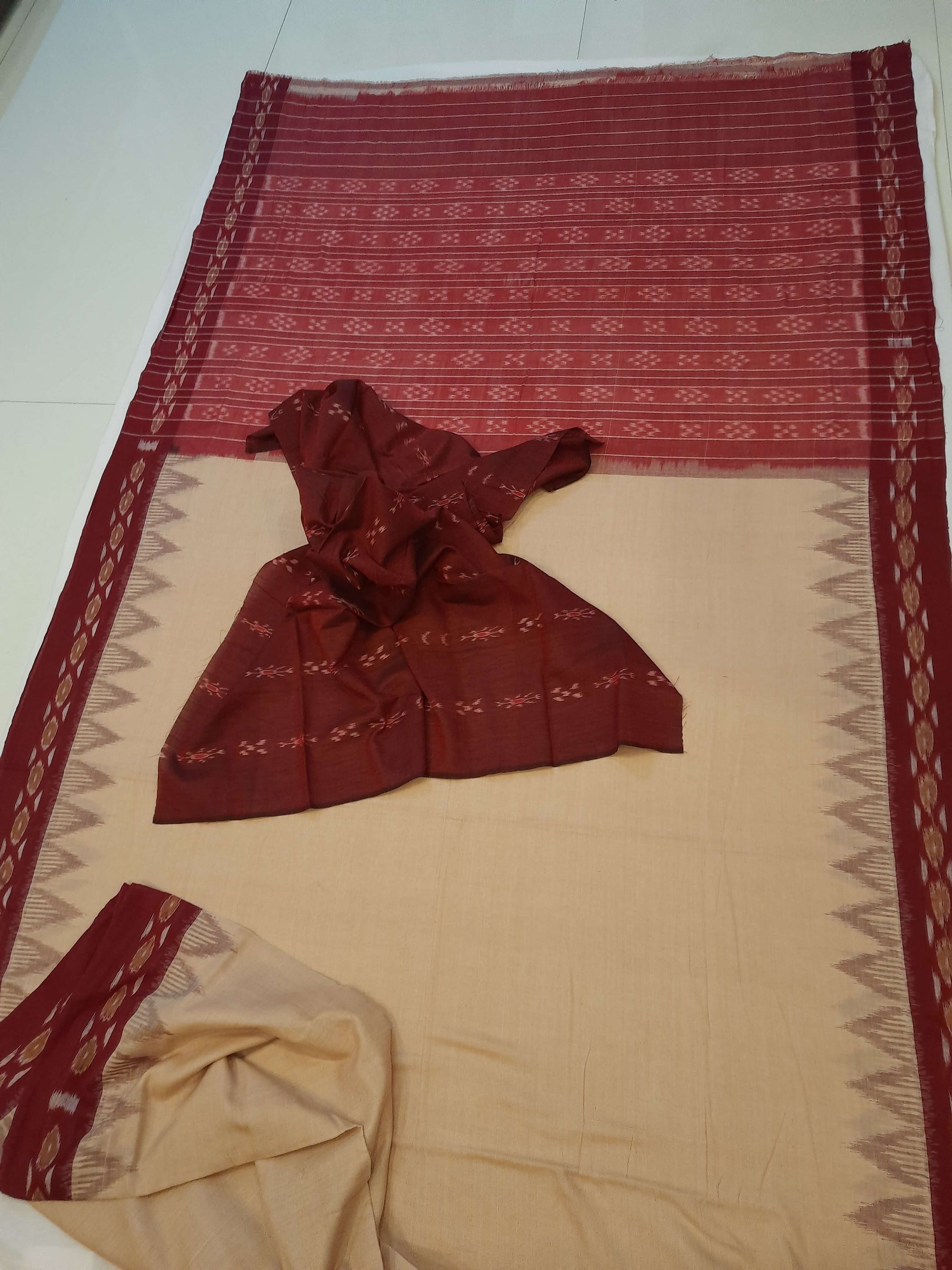 Beige with Maroon Cotton Odisha Ikat saree with cotton ikat blouse piece