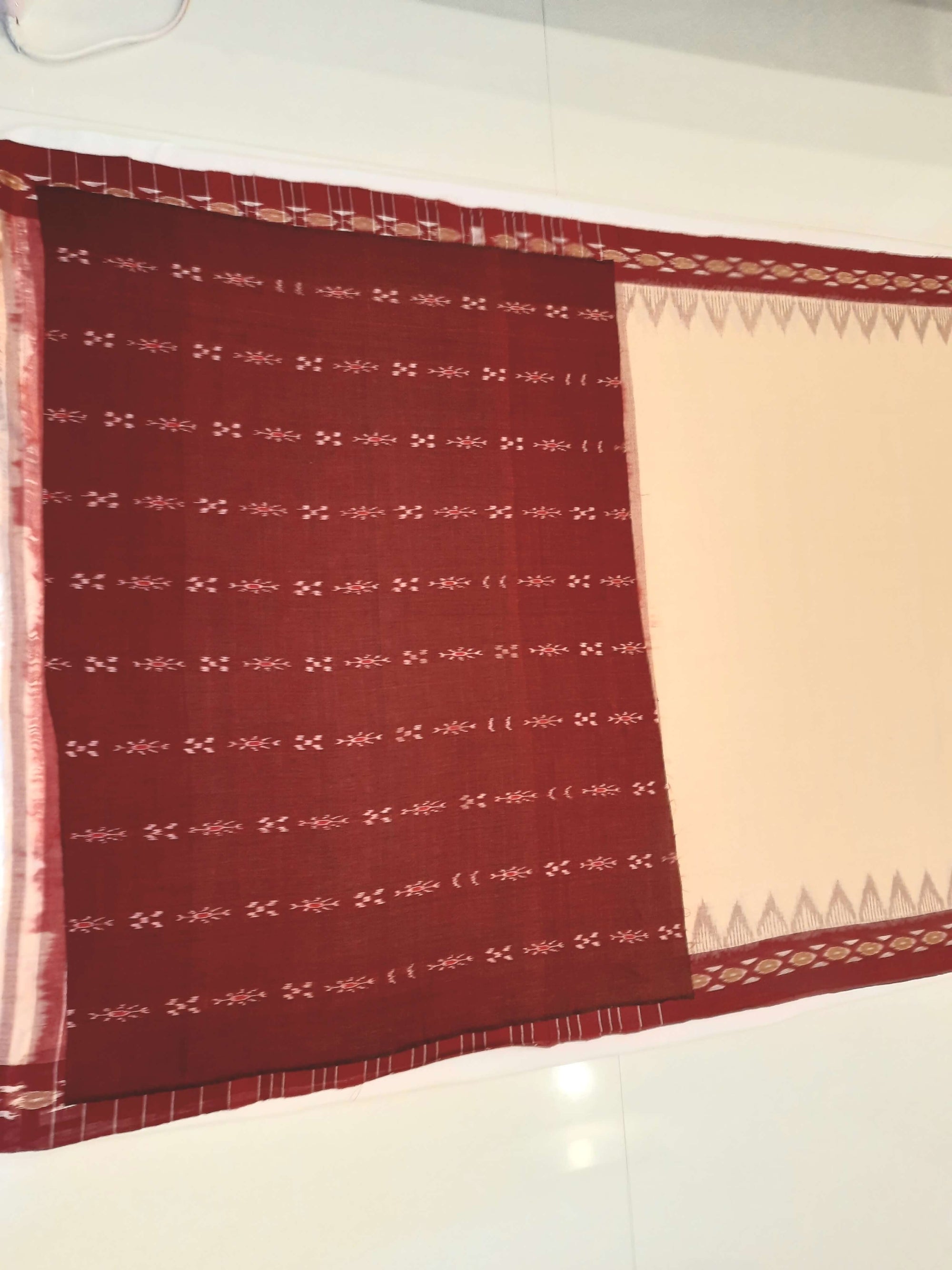 Beige with Maroon Cotton Odisha Ikat saree with cotton ikat blouse piece