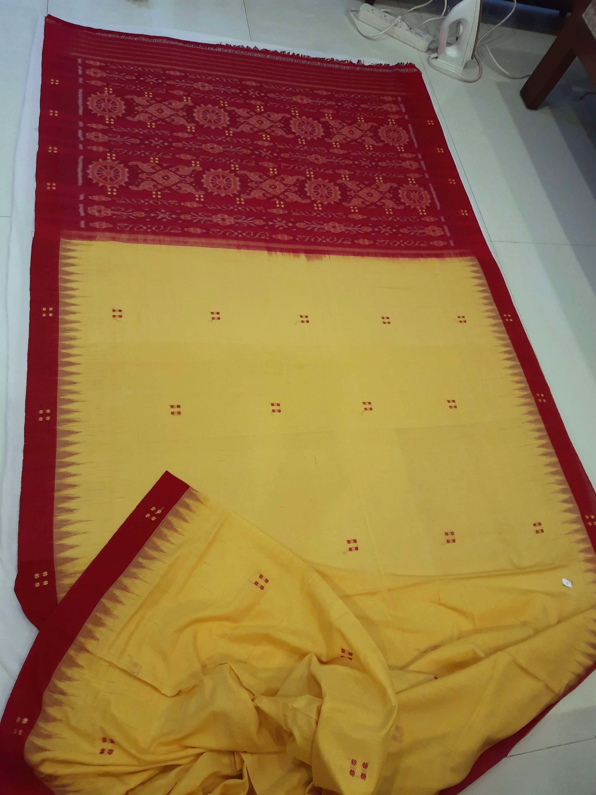 Yellow Cotton Odisha Ikat saree with mix match cotton ikat blouse piece