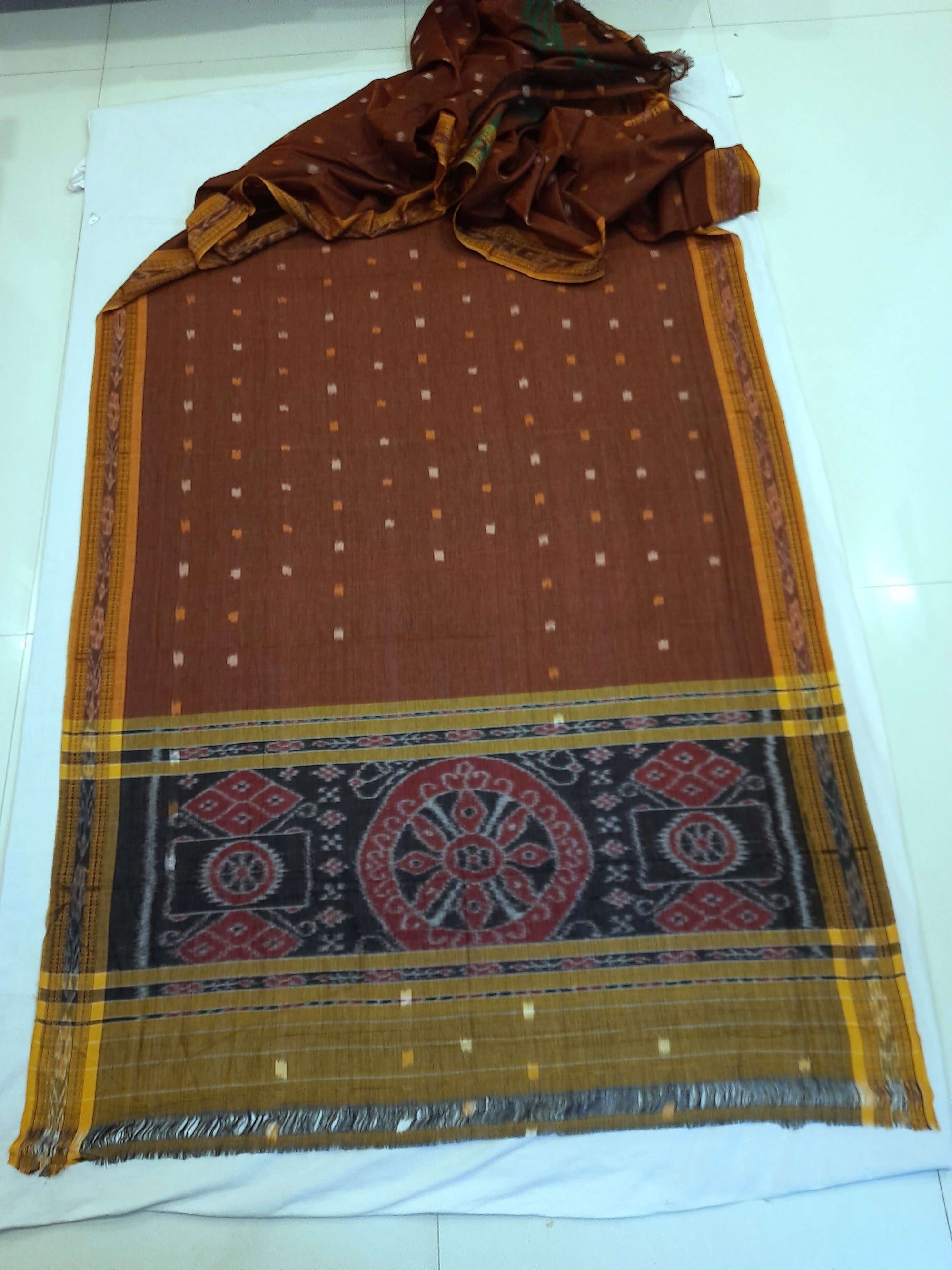 Mustard Cotton Odisha Ikat saree with mix match blouse piece