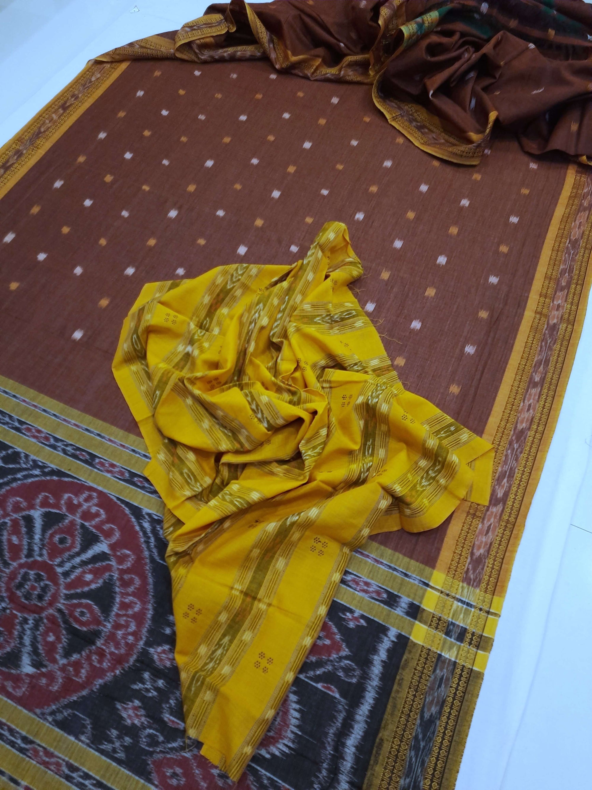 Mustard Cotton Odisha Ikat saree with mix match blouse piece