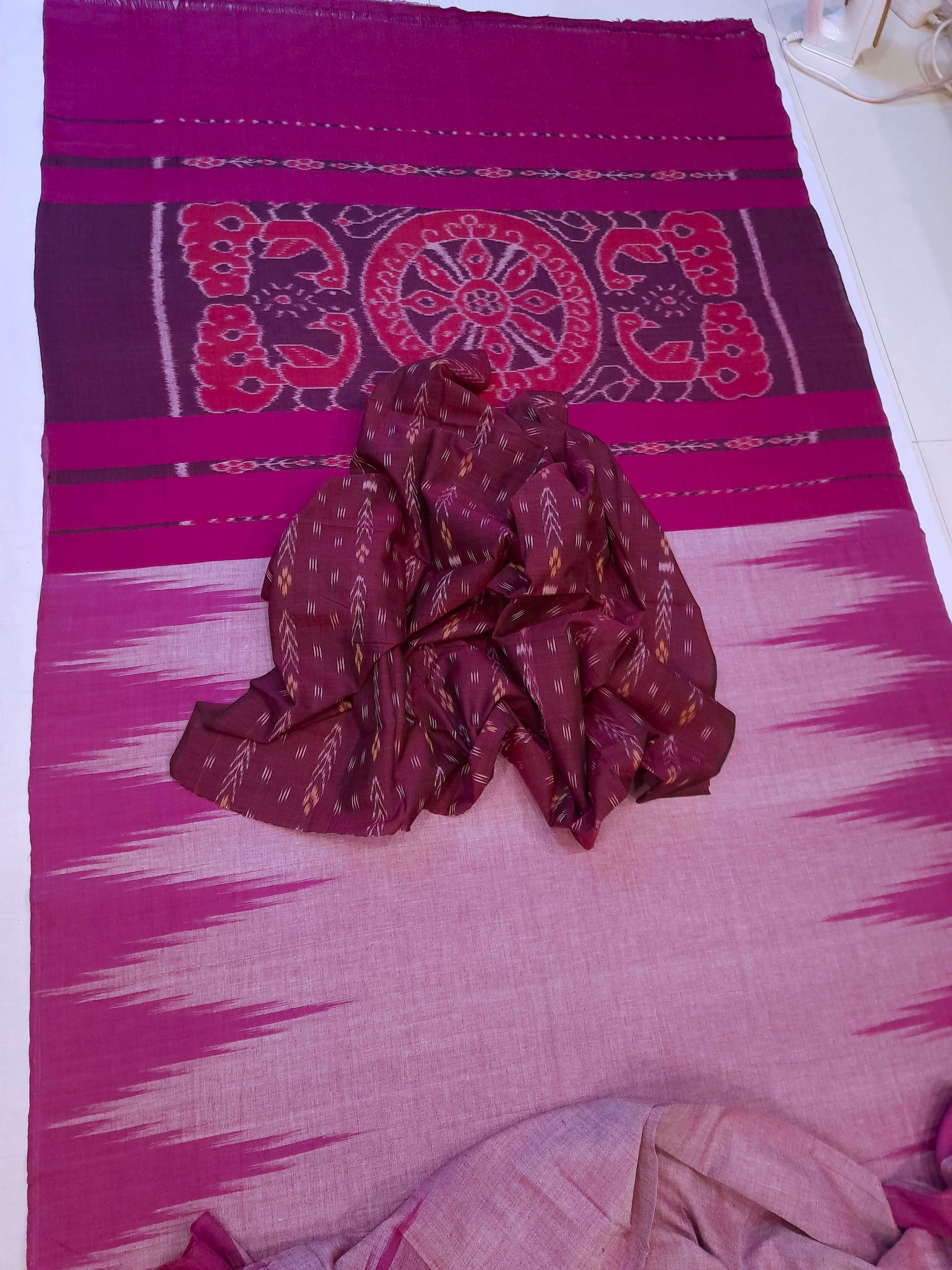 Purple Pink Cotton Odisha Ikat saree  with mix match cotton ikat blouse