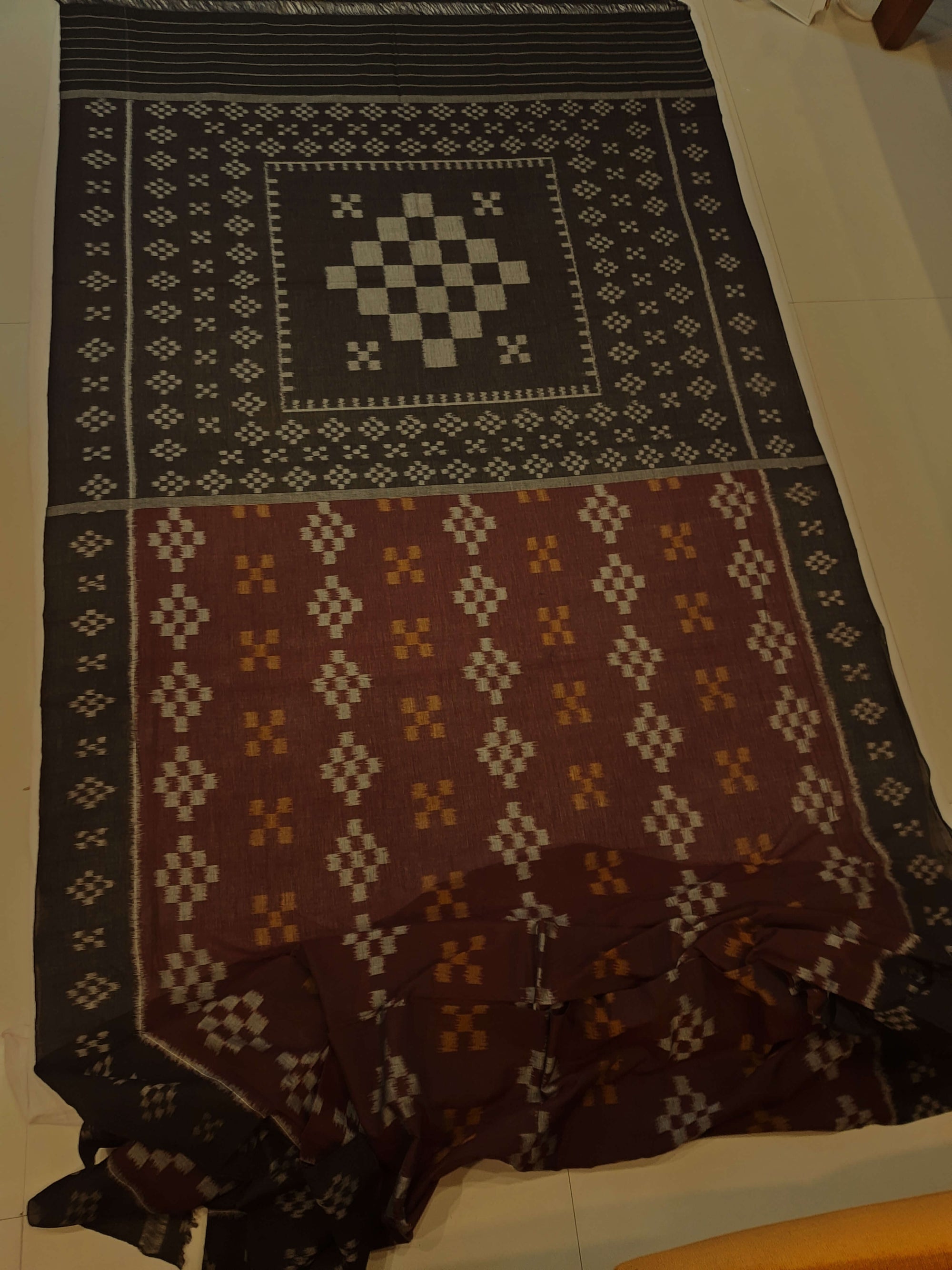 Brown Cotton Odisha Ikat saree with cotton ikat blouse piece