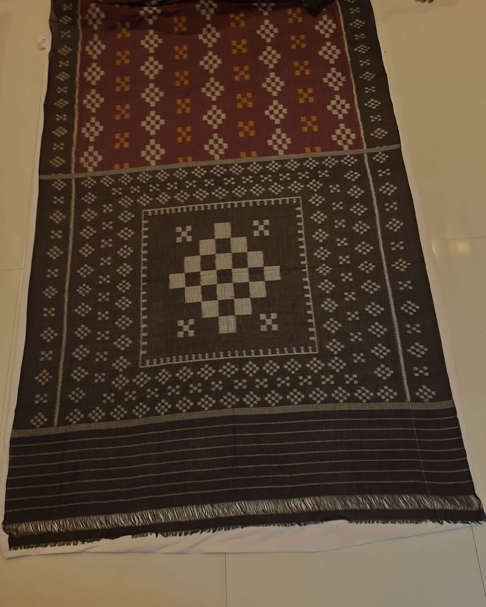 Brown Cotton Odisha Ikat saree with cotton ikat blouse piece