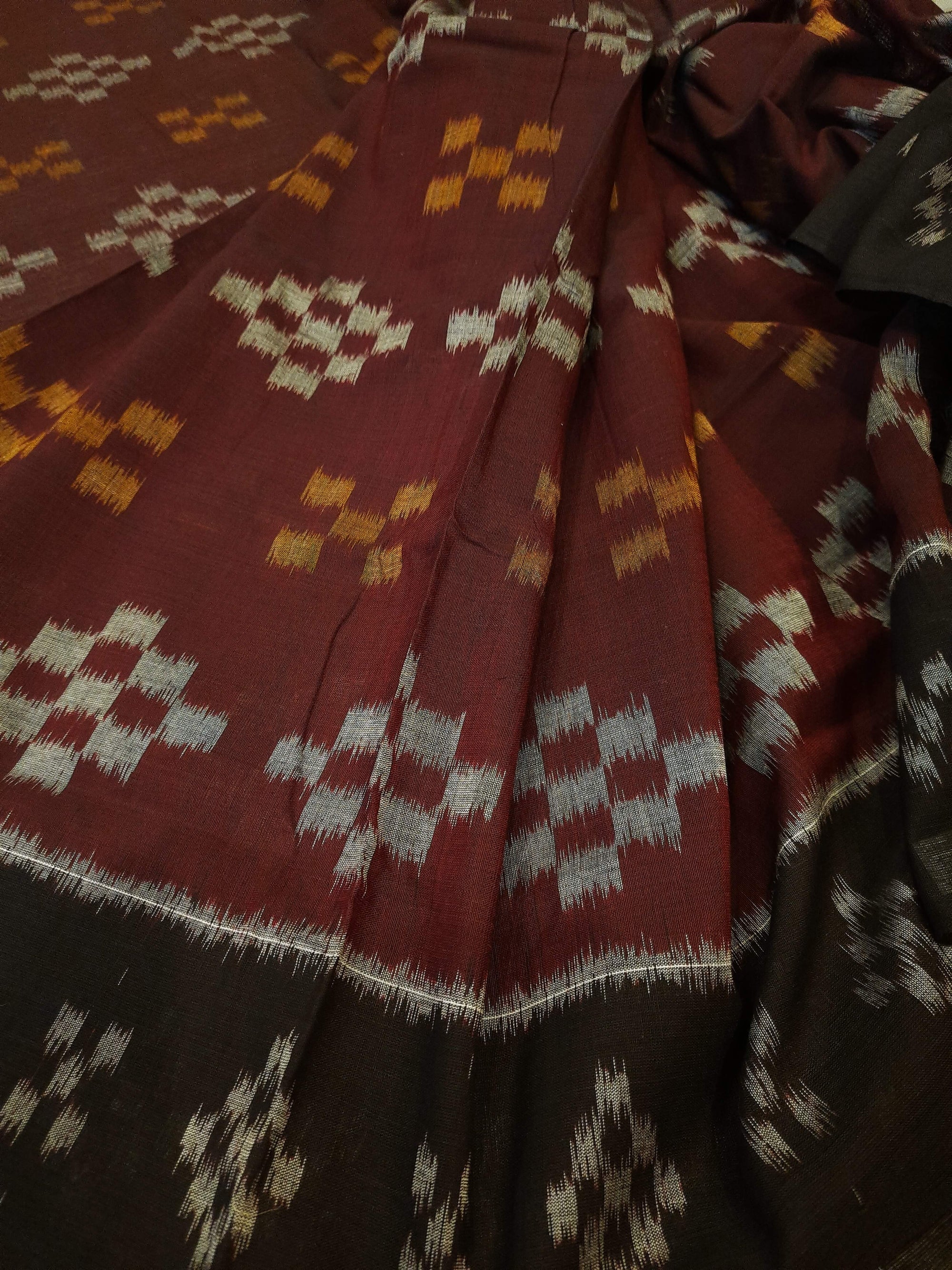 Brown Cotton Odisha Ikat saree with cotton ikat blouse piece