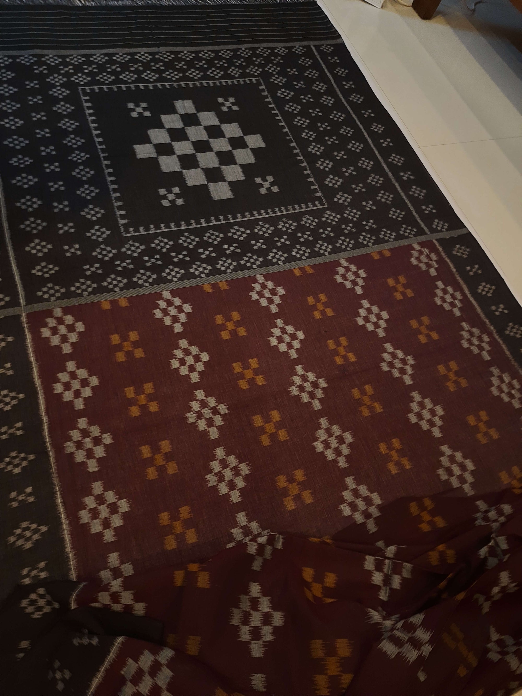 Brown Cotton Odisha Ikat saree with cotton ikat blouse piece