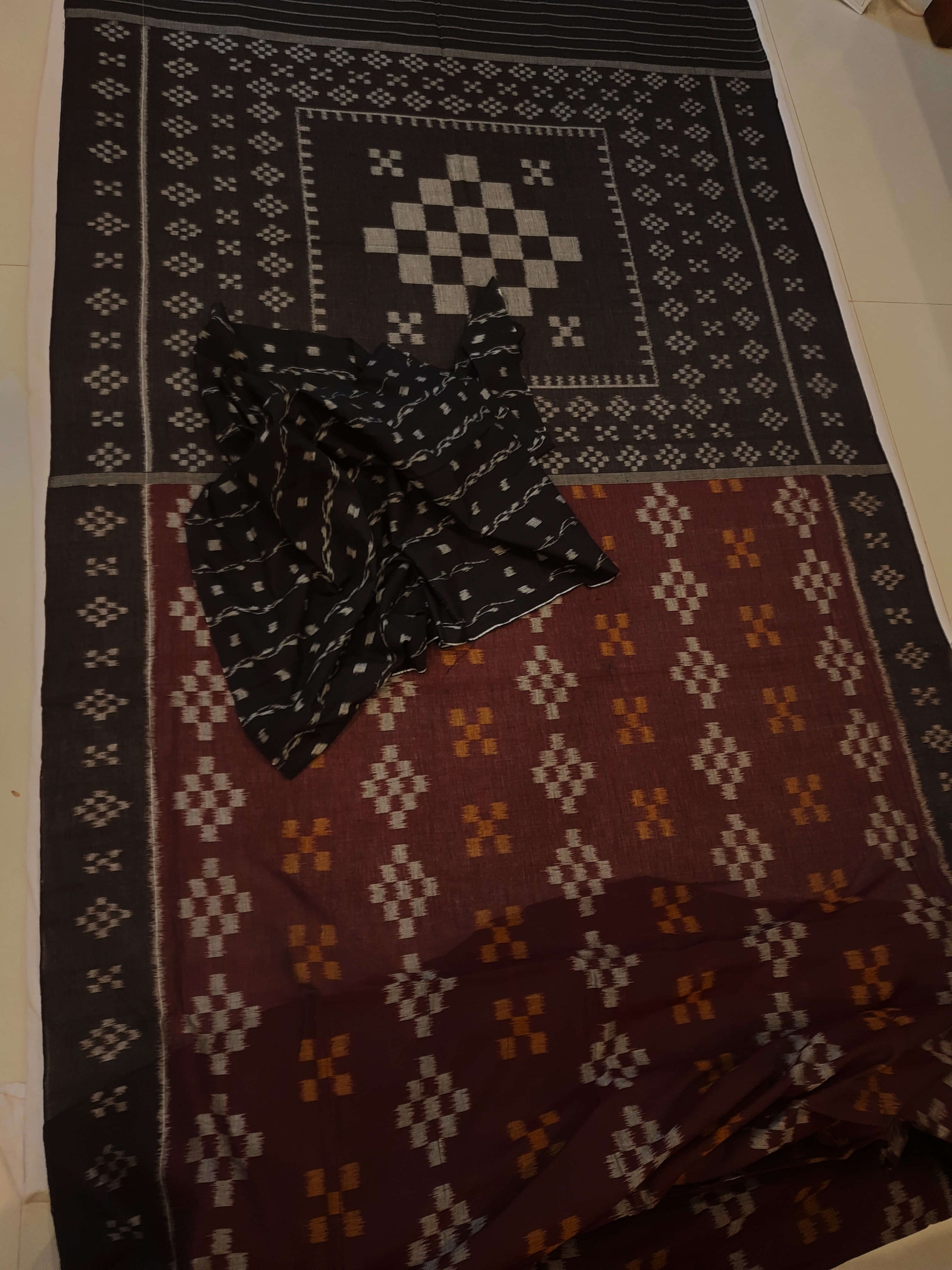 Brown Cotton Odisha Ikat saree with cotton ikat blouse piece