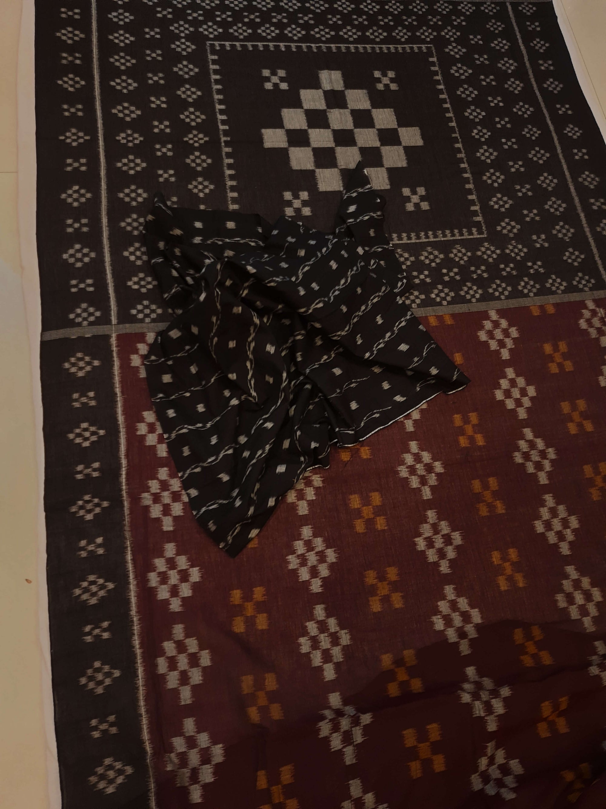 Brown Cotton Odisha Ikat saree with cotton ikat blouse piece