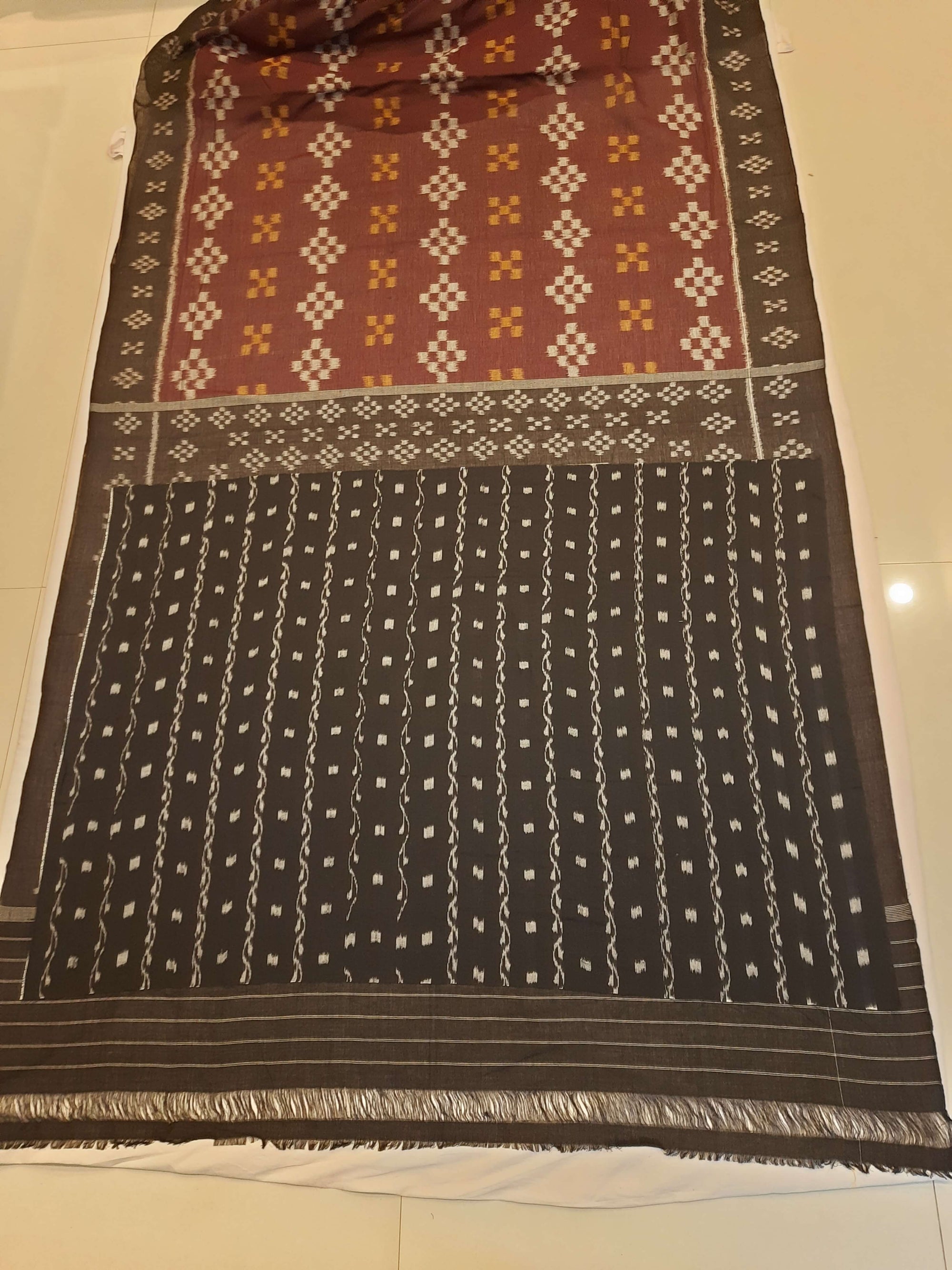 Brown Cotton Odisha Ikat saree with cotton ikat blouse piece