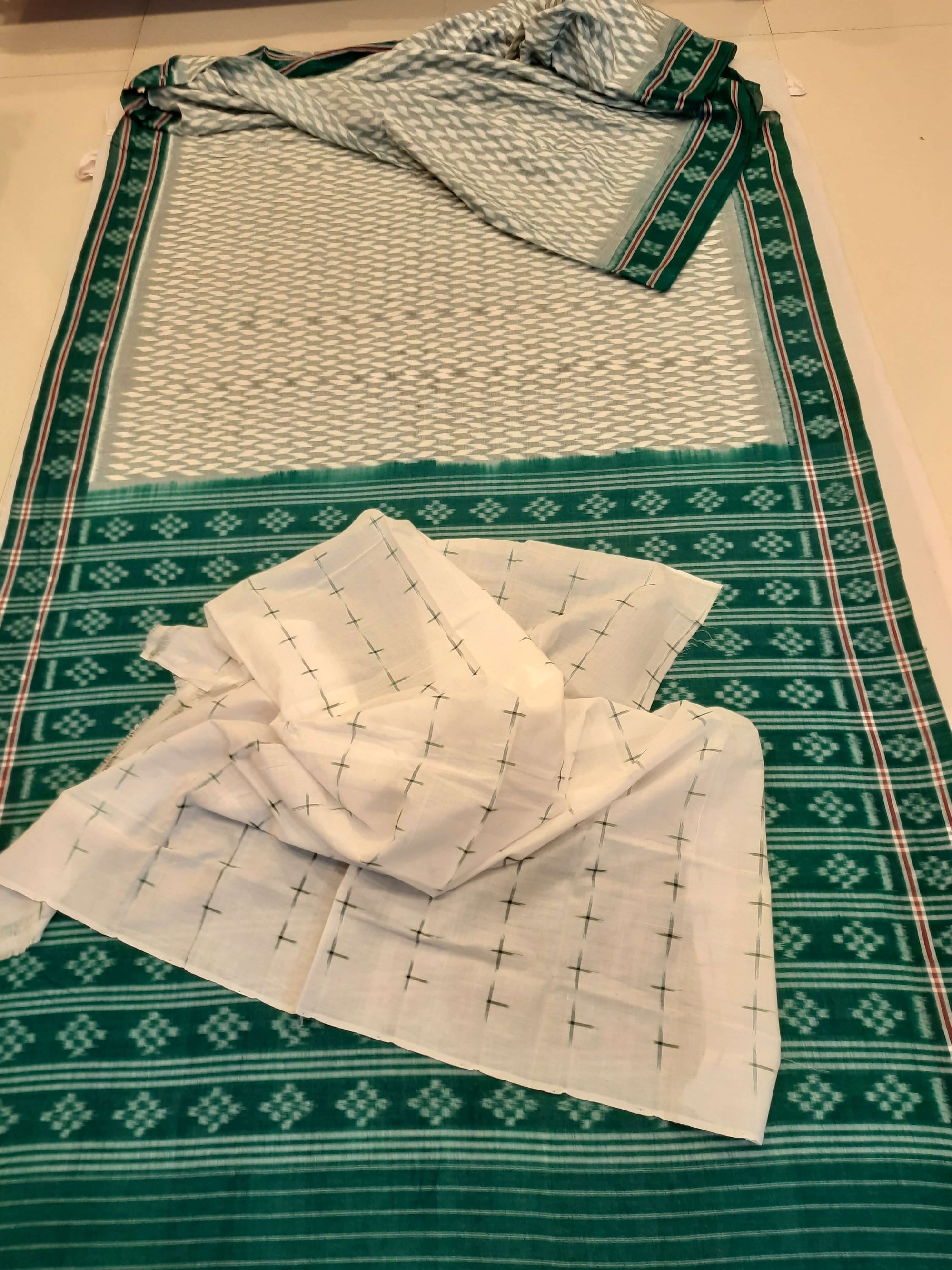 White with Green Cotton Odisha Ikat saree with mix match cotton ikat blouse piece