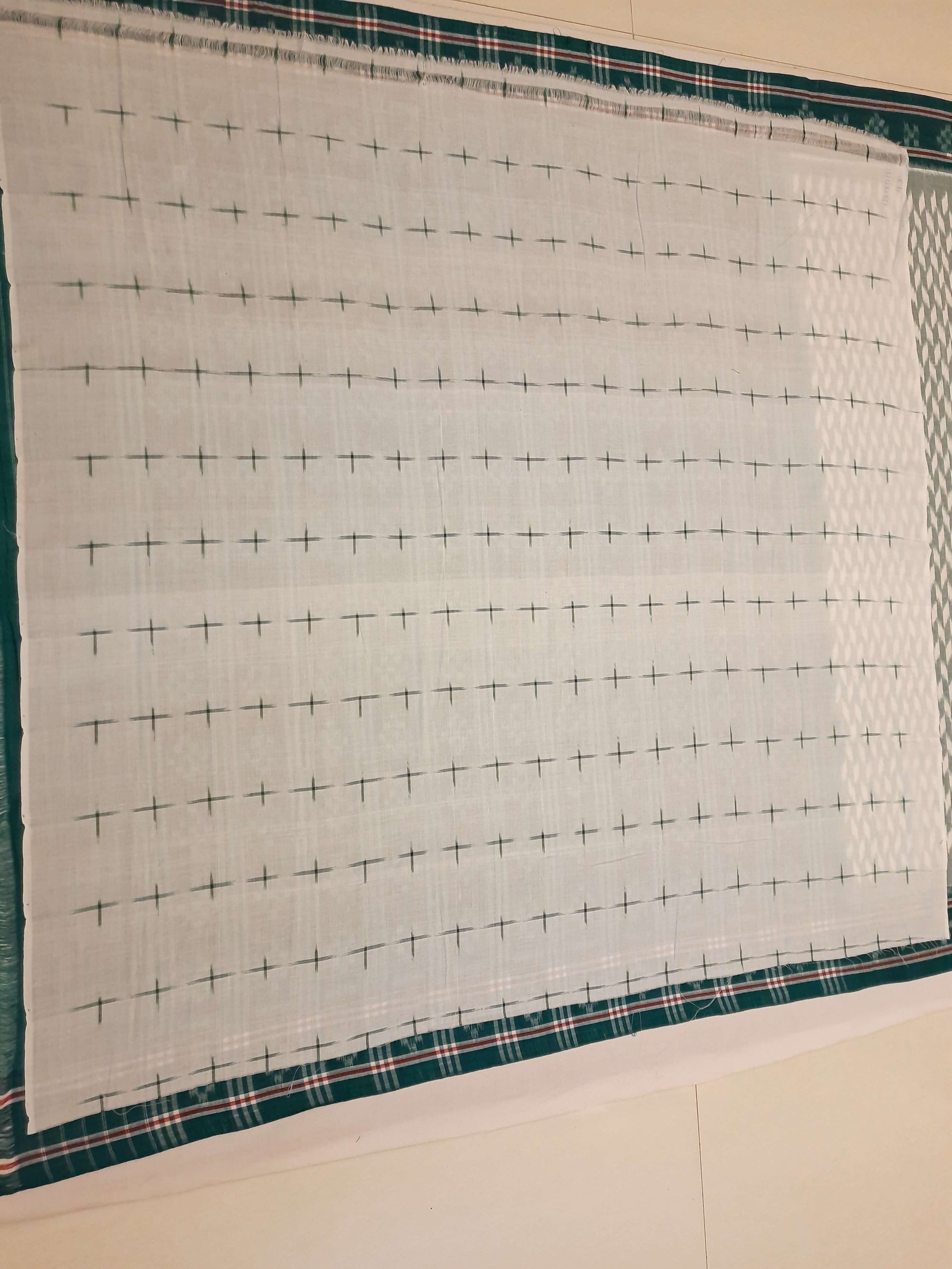 White with Green Cotton Odisha Ikat saree with mix match cotton ikat blouse piece