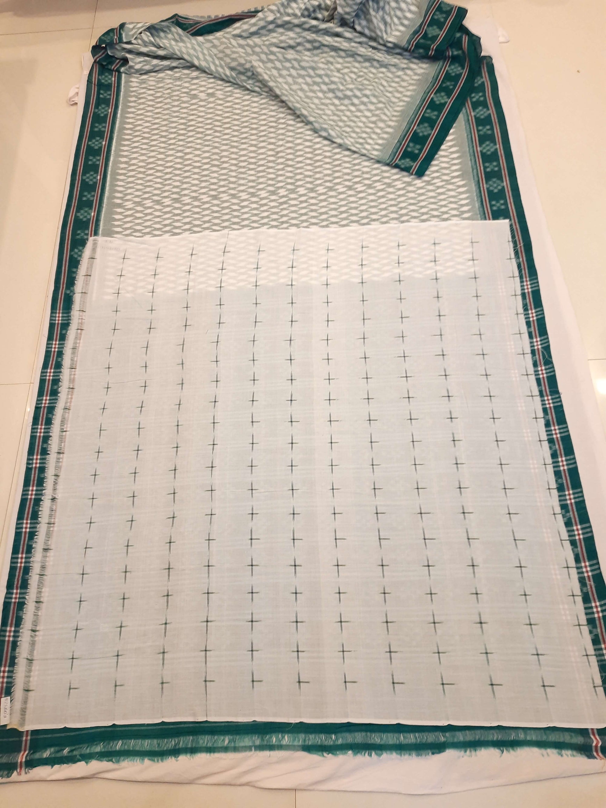 White with Green Cotton Odisha Ikat saree with mix match cotton ikat blouse piece