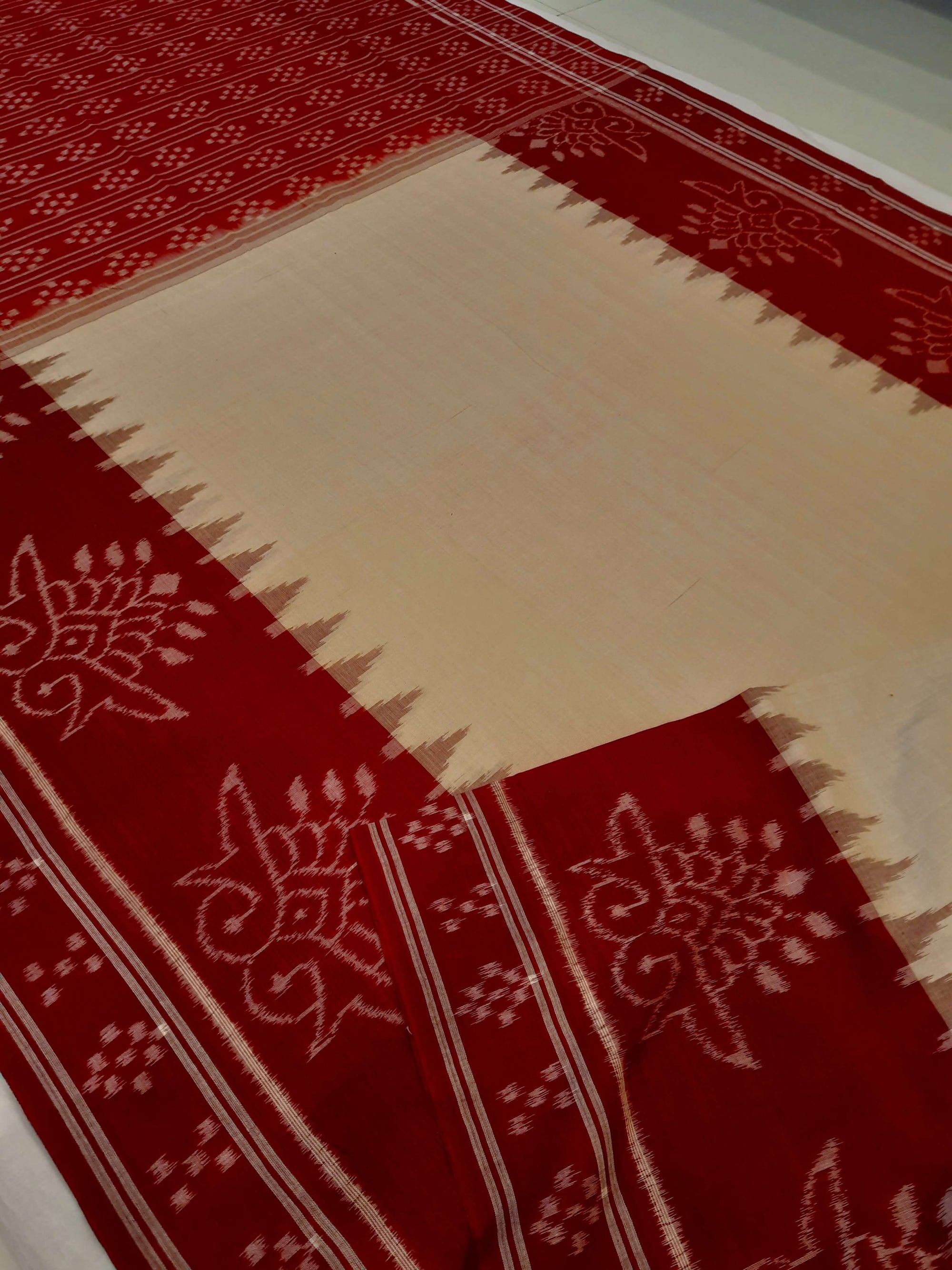 Beige and Maroon wide border Cotton Odisha Ikat saree with cotton ikat blouse piece