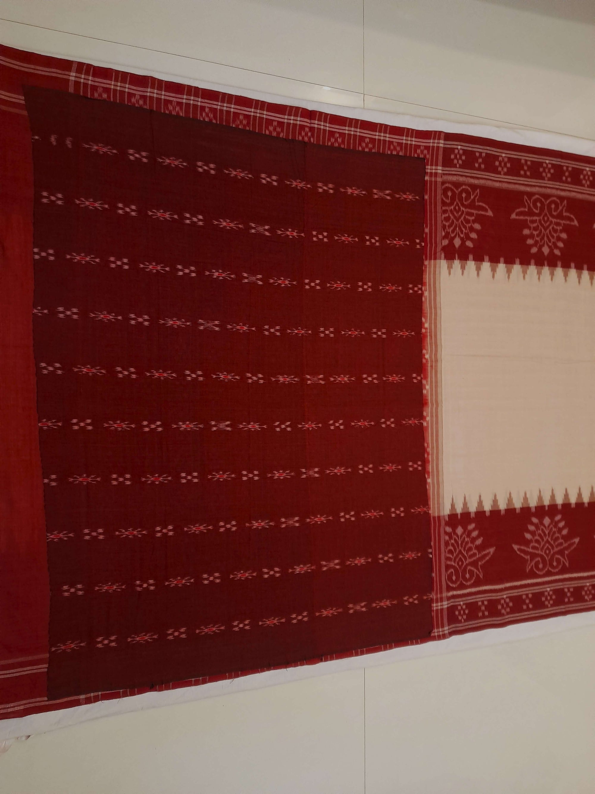 Beige and Maroon wide border Cotton Odisha Ikat saree with cotton ikat blouse piece