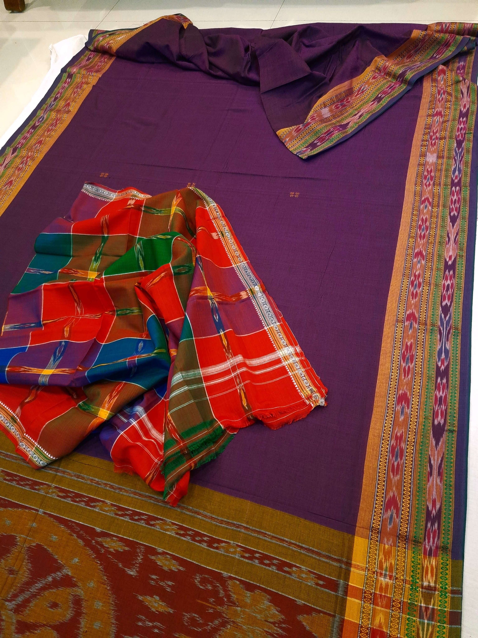 Violet Cotton Odisha Ikat saree  with mix match cotton ikat blouse