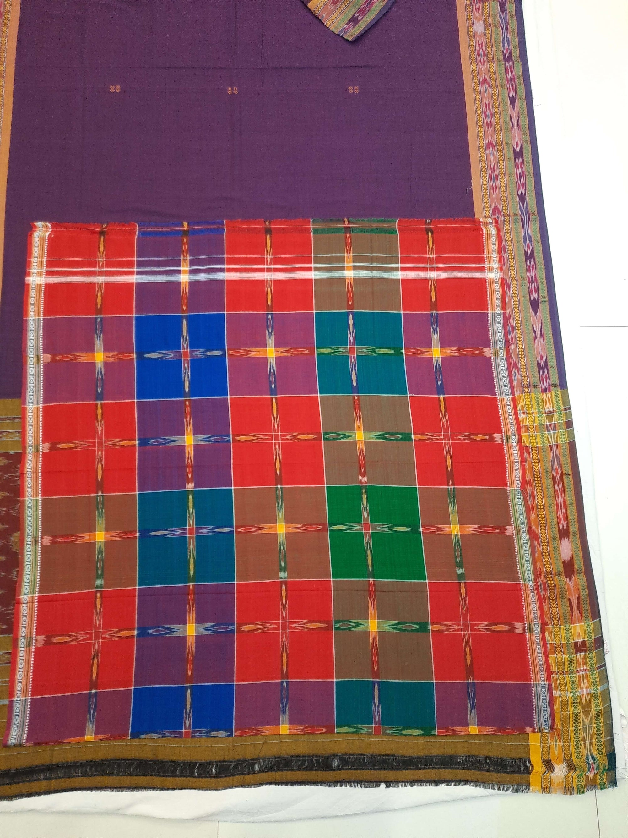Violet Cotton Odisha Ikat saree  with mix match cotton ikat blouse