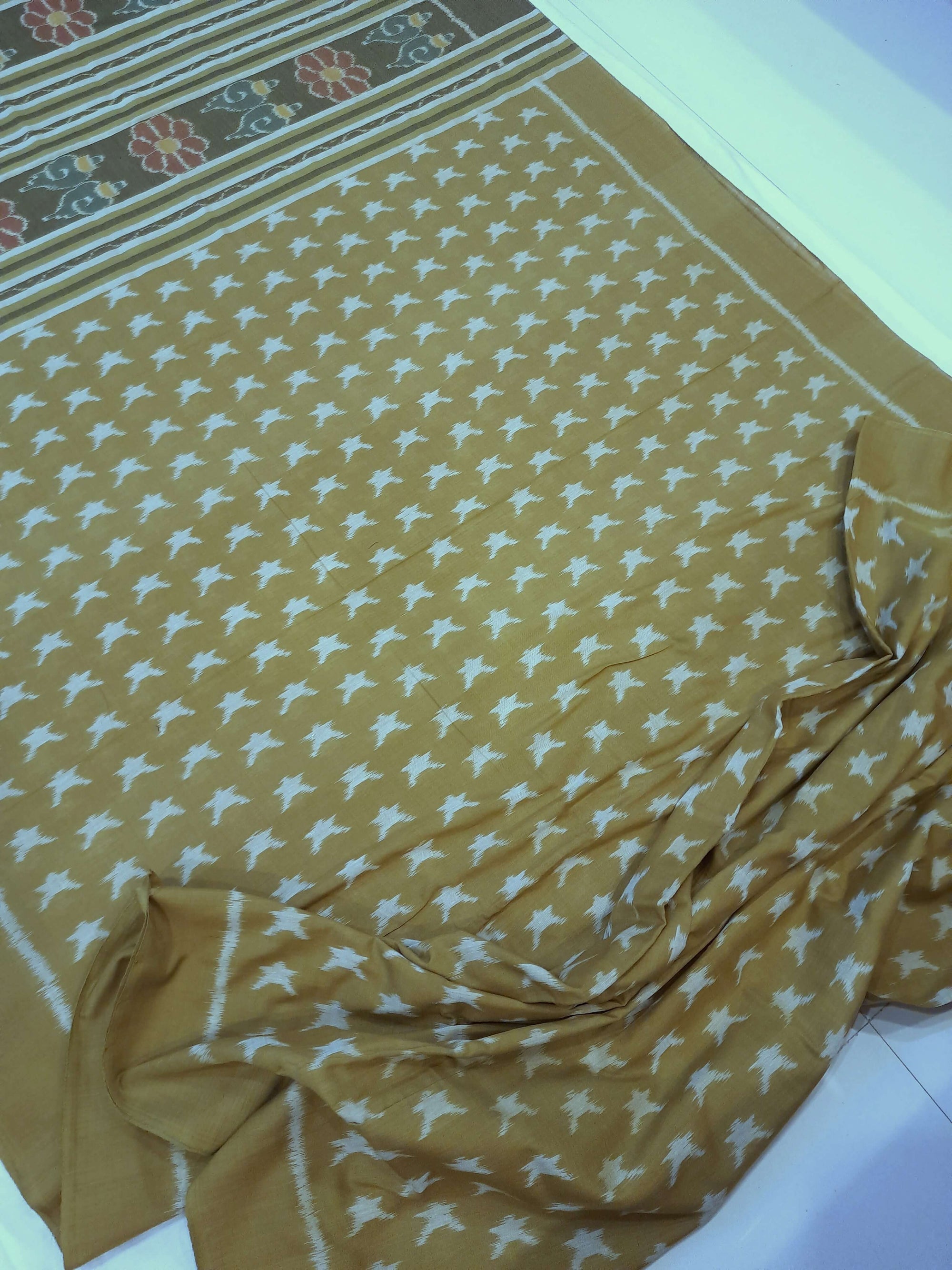 Mustard Green Cotton Odisha Ikat saree  with mix match cotton ikat blouse piece