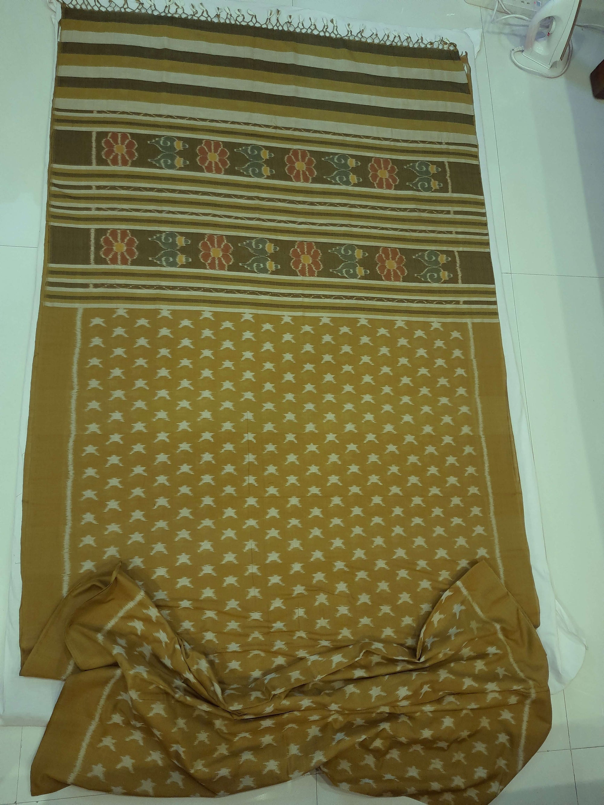 Mustard Green Cotton Odisha Ikat saree  with mix match cotton ikat blouse piece