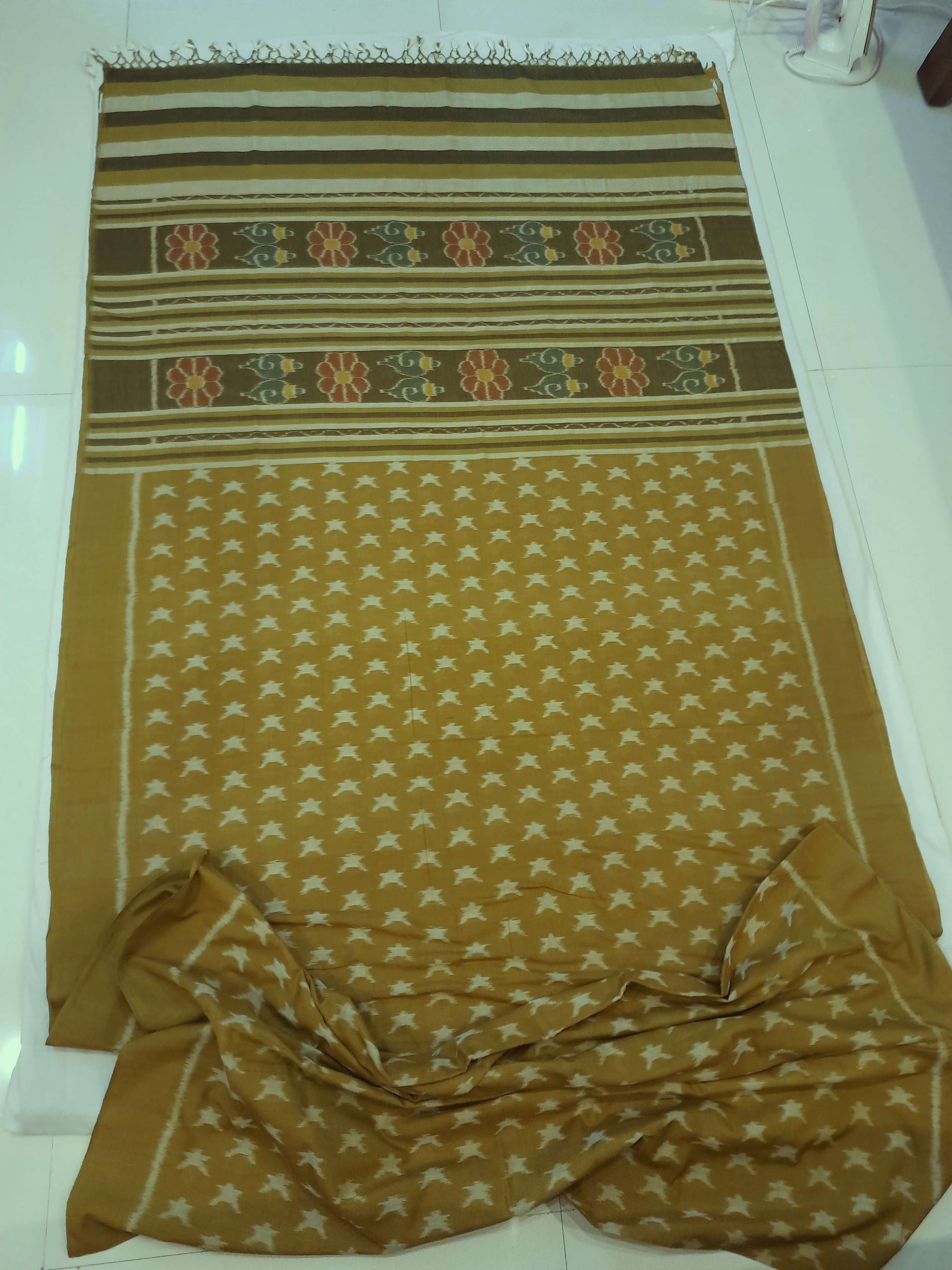 Mustard Green Cotton Odisha Ikat saree  with mix match cotton ikat blouse piece