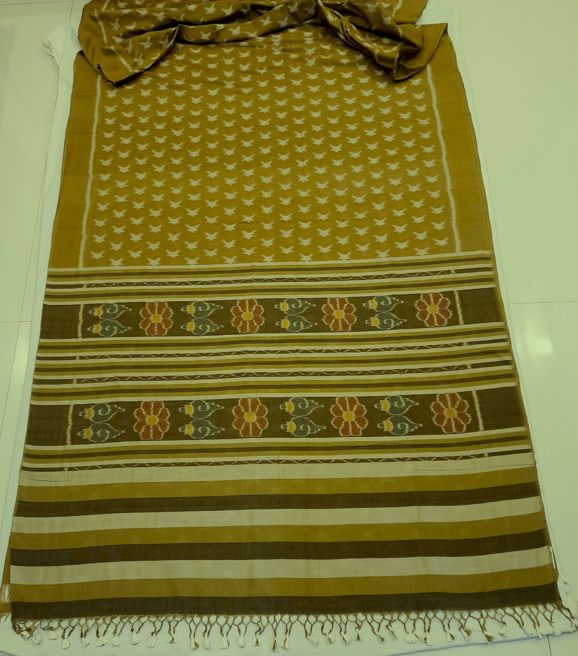 Mustard Green Cotton Odisha Ikat saree  with mix match cotton ikat blouse piece