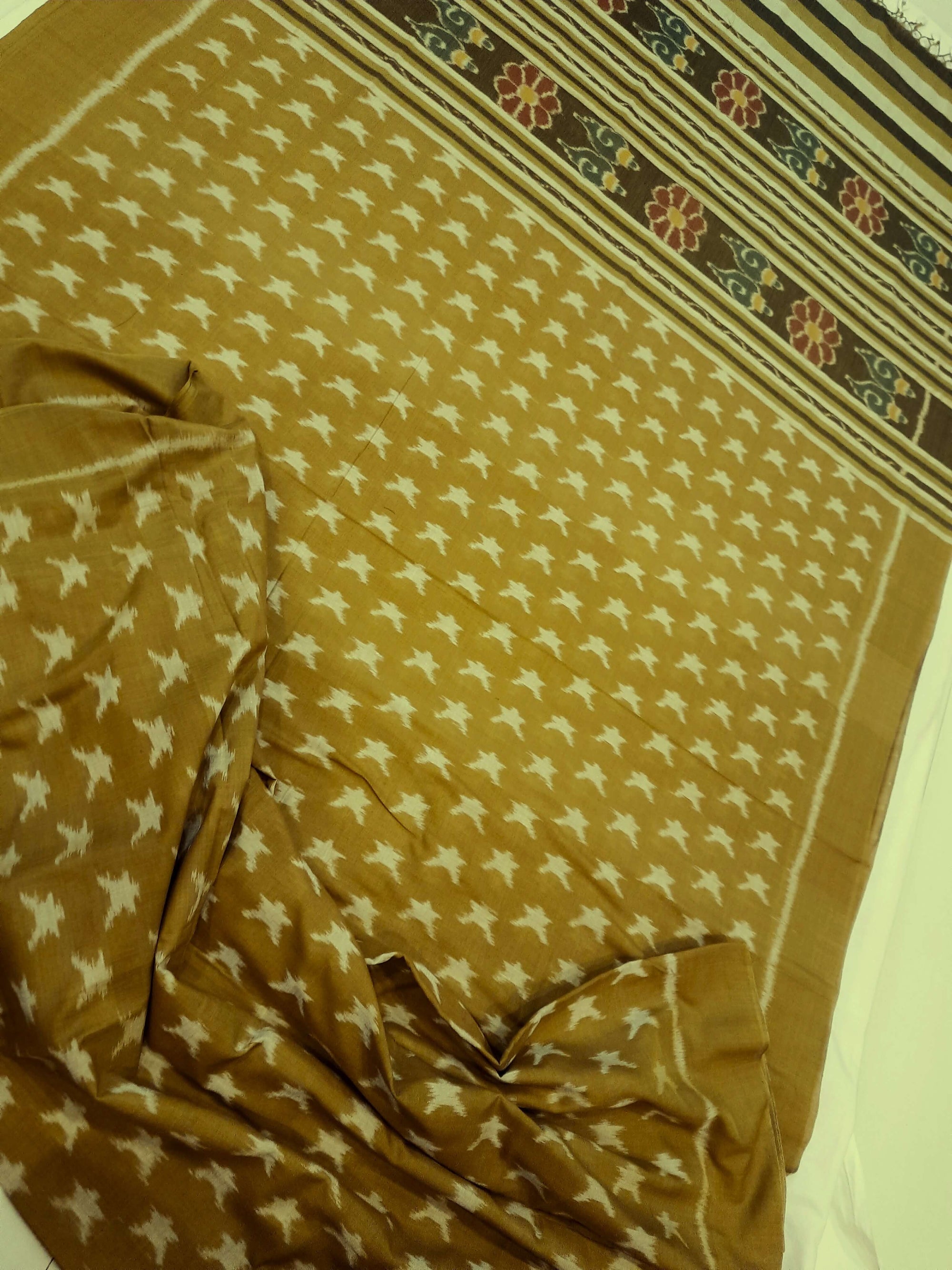 Mustard Green Cotton Odisha Ikat saree  with mix match cotton ikat blouse piece