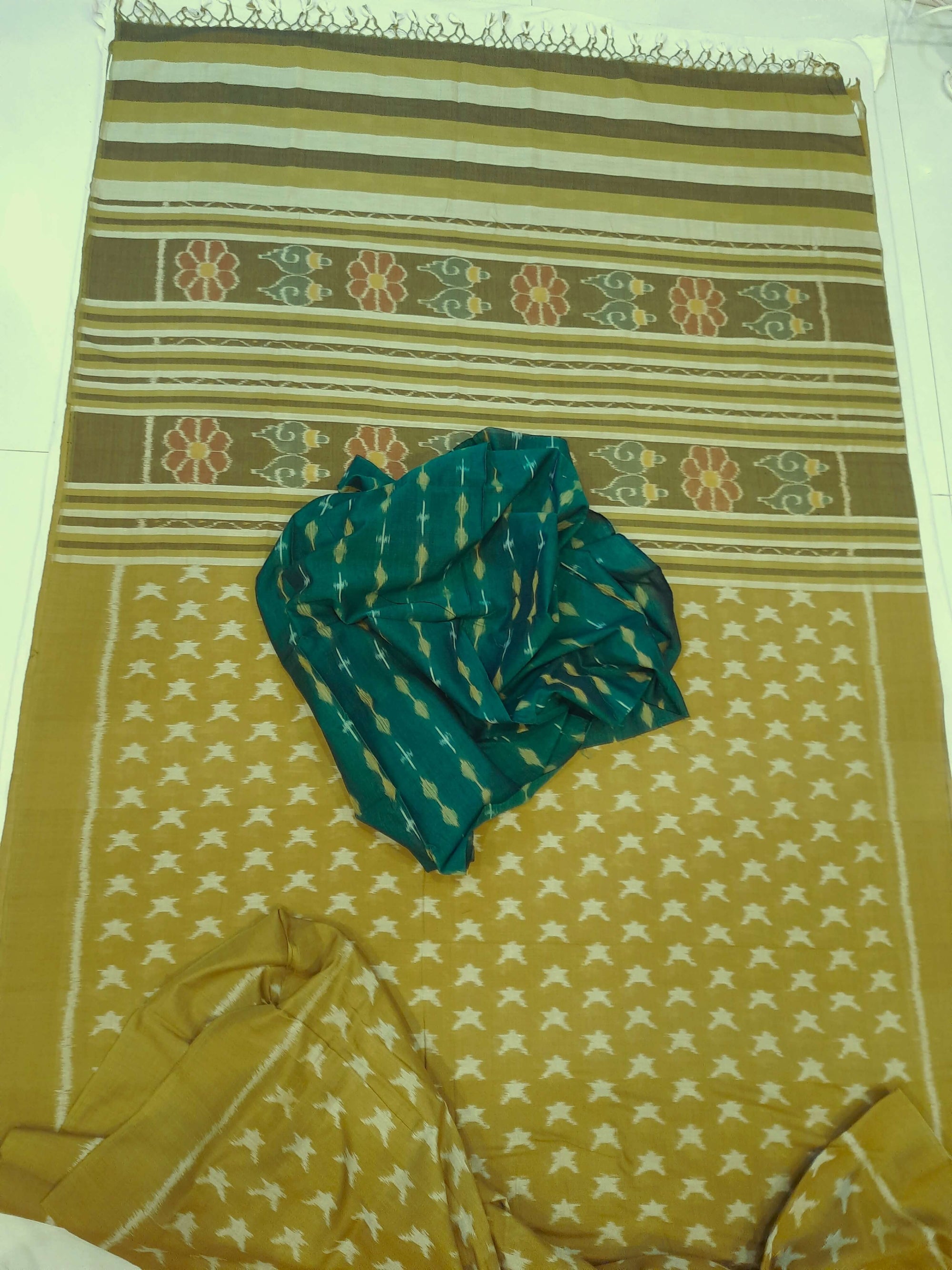 Mustard Green Cotton Odisha Ikat saree  with mix match cotton ikat blouse piece