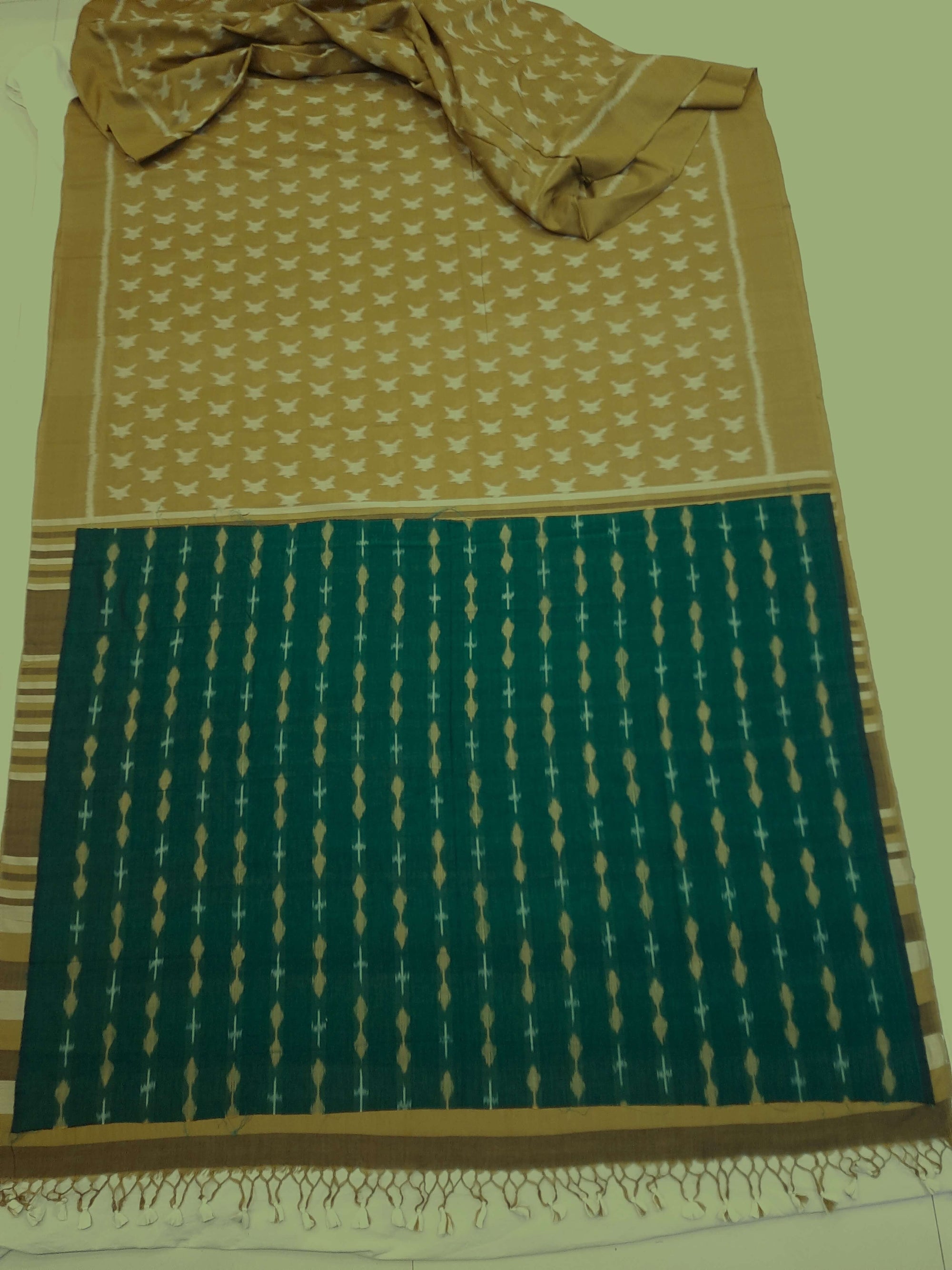 Mustard Green Cotton Odisha Ikat saree  with mix match cotton ikat blouse piece