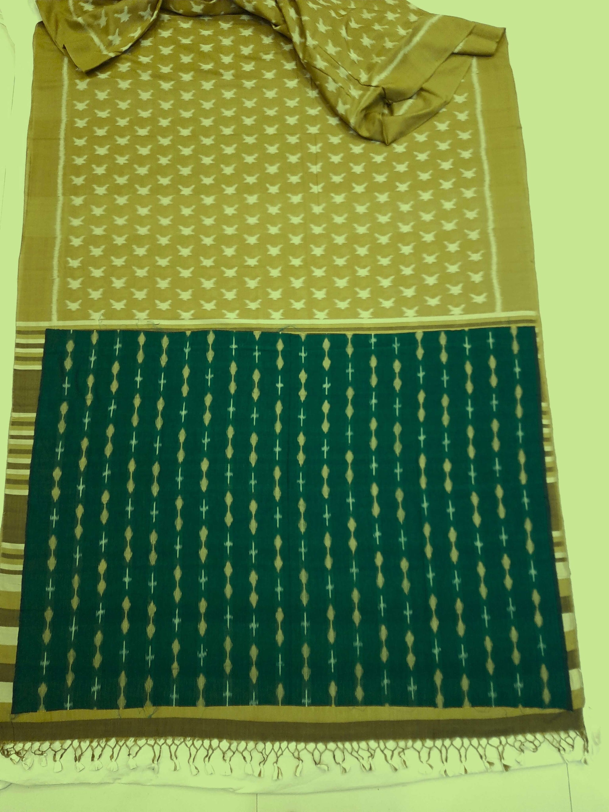 Mustard Green Cotton Odisha Ikat saree  with mix match cotton ikat blouse piece