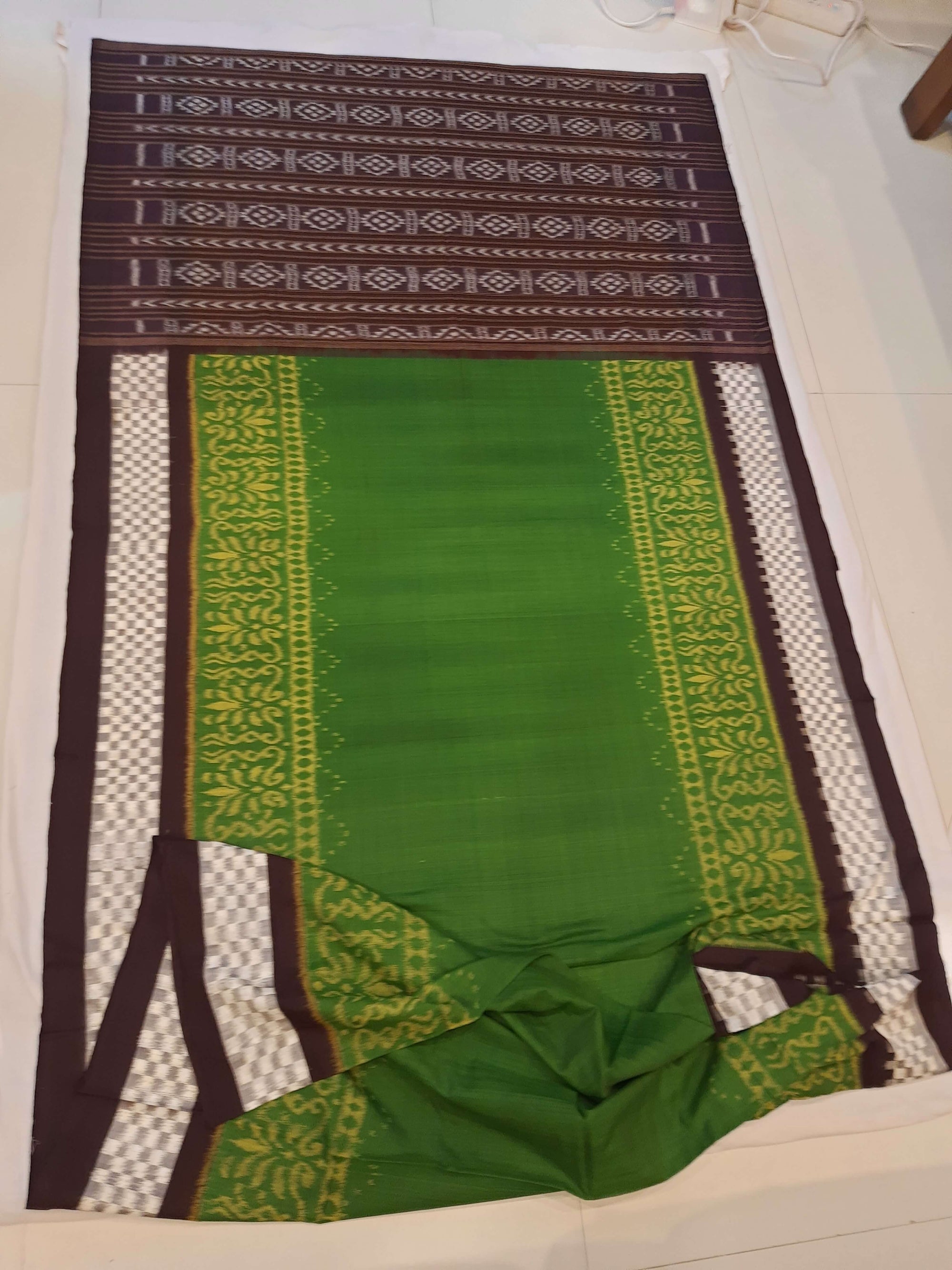 Green with Brown Cotton Odisha Ikat saree with running blouse piece
