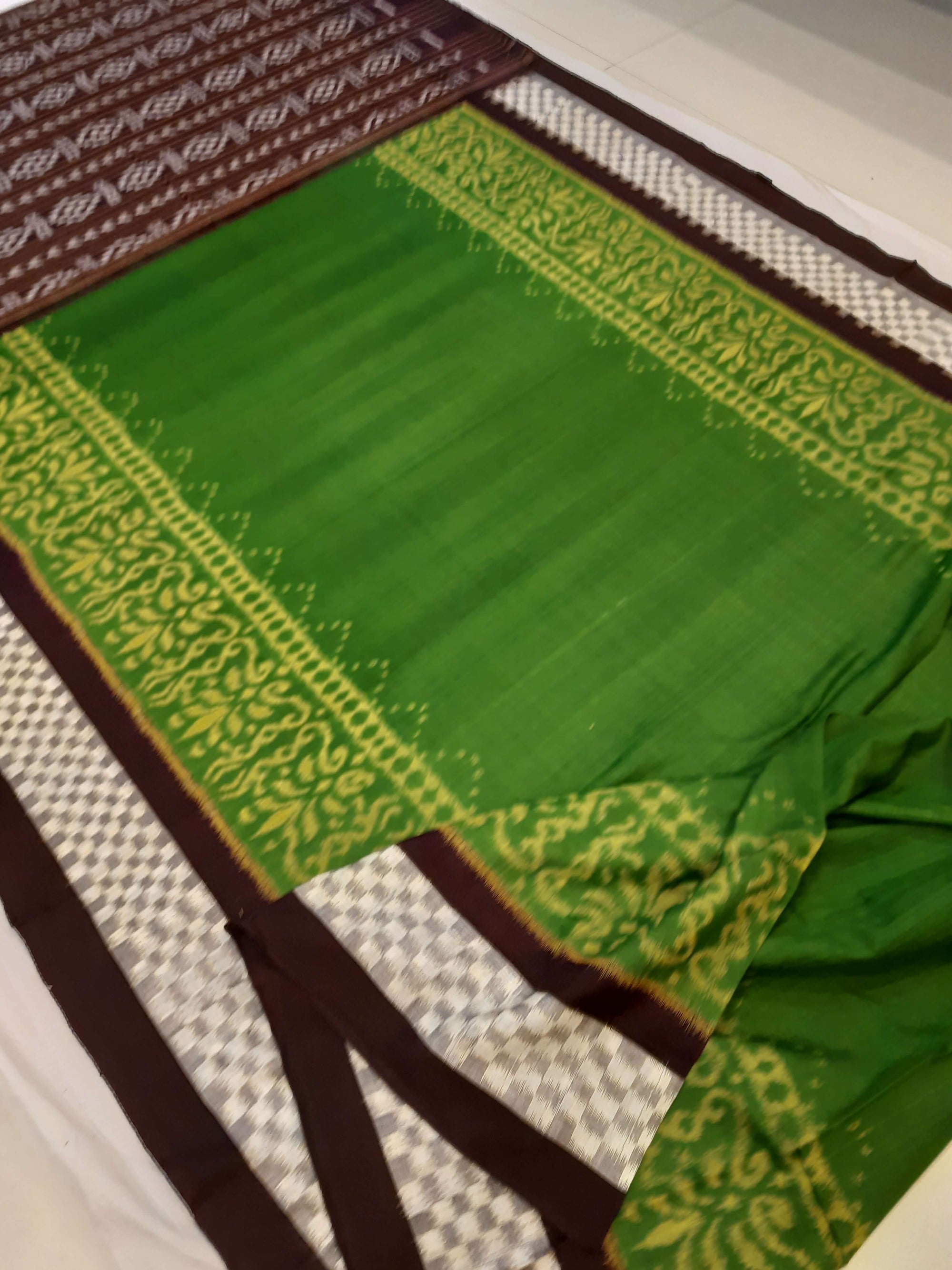 Green with Brown Cotton Odisha Ikat saree with running blouse piece