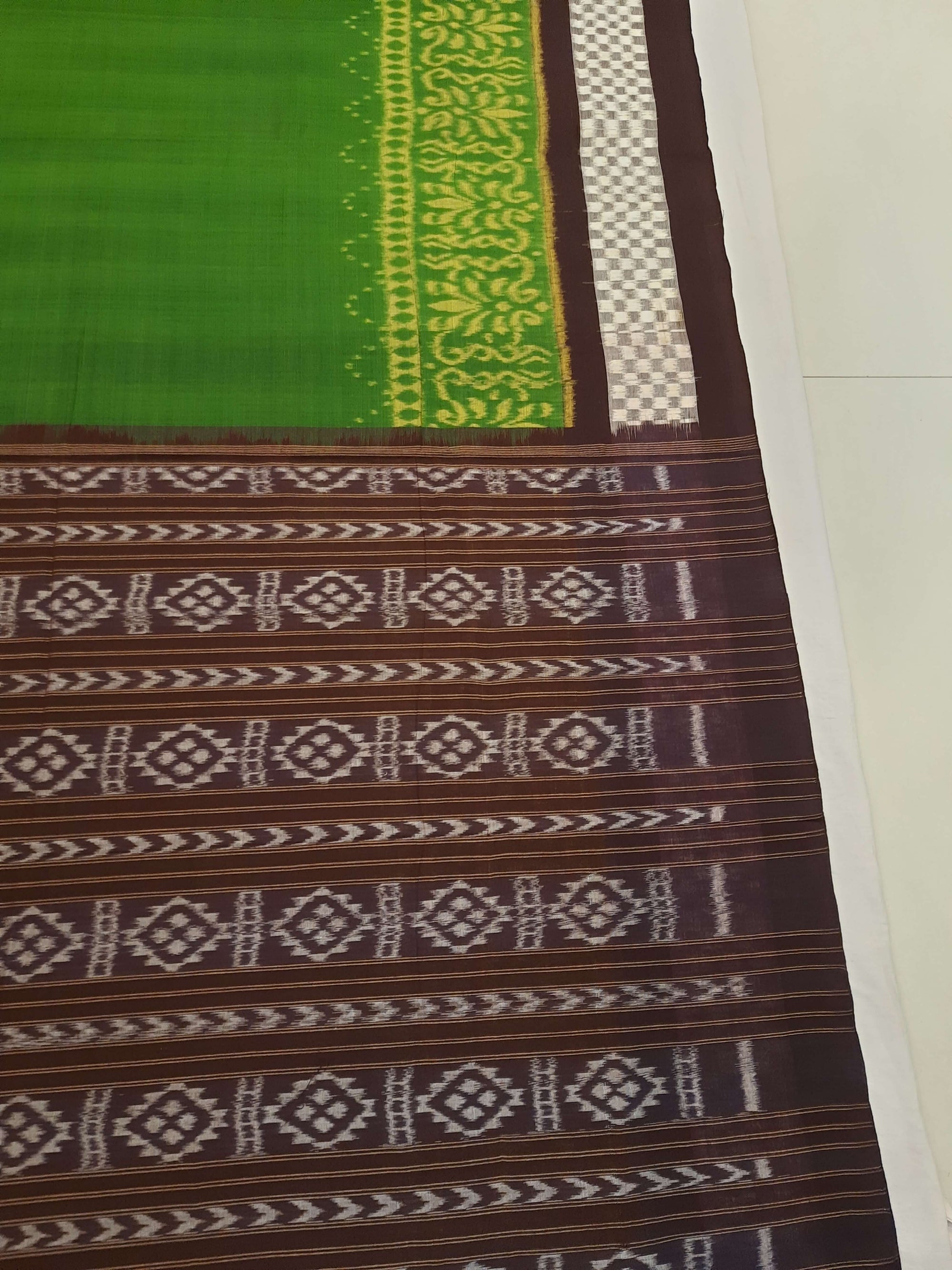 Green with Brown Cotton Odisha Ikat saree with running blouse piece