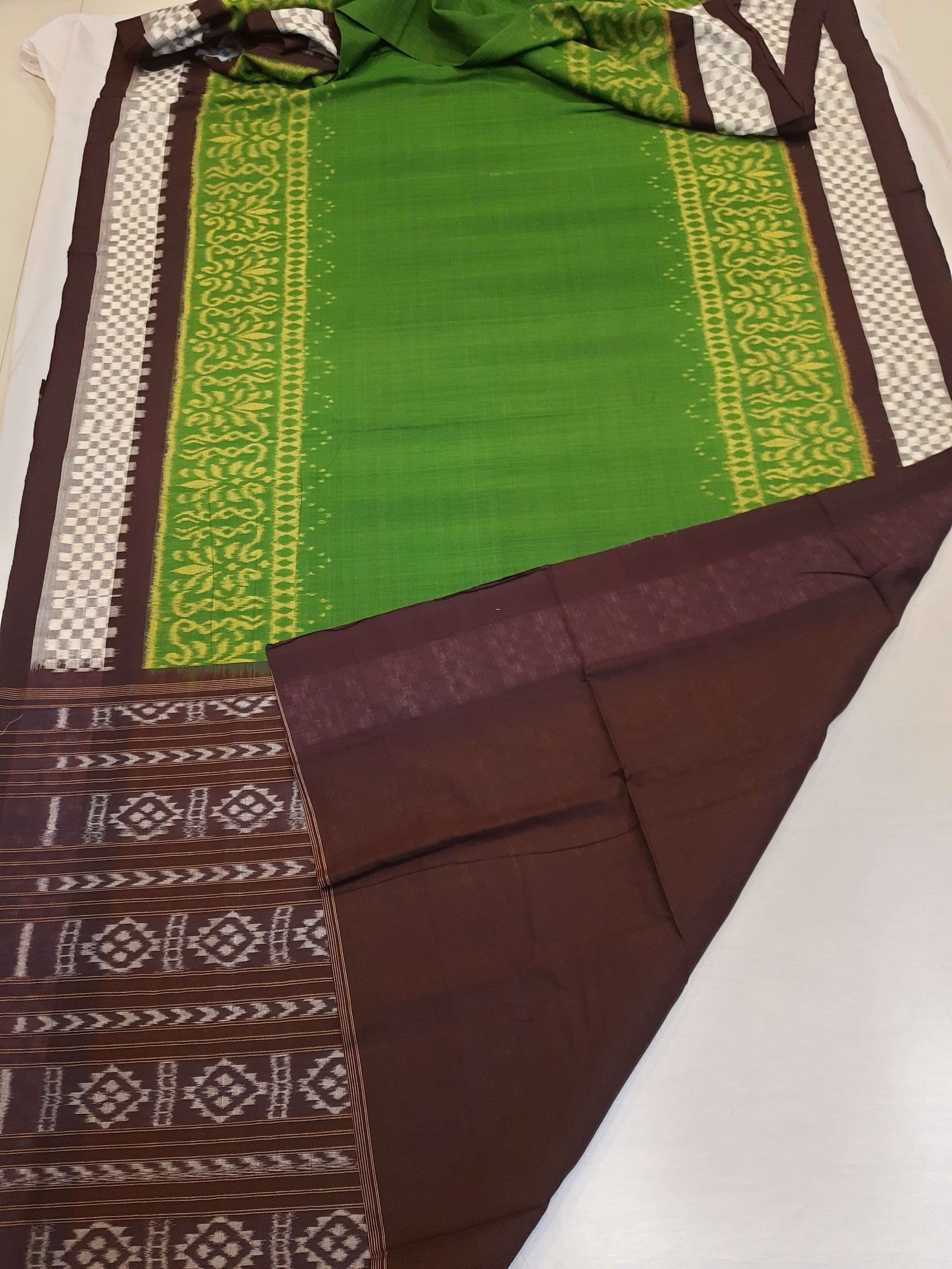 Green with Brown Cotton Odisha Ikat saree with running blouse piece