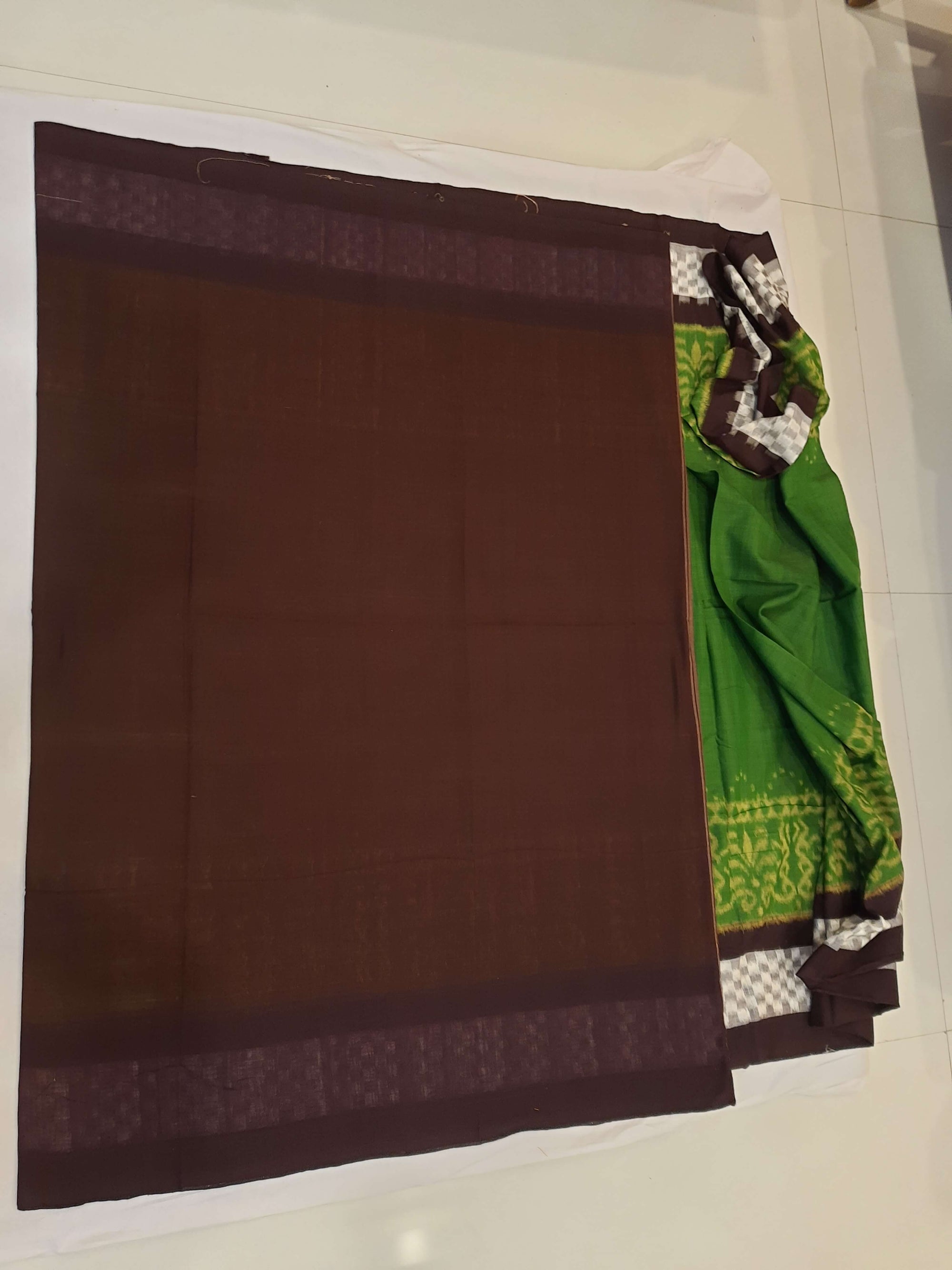Green with Brown Cotton Odisha Ikat saree with running blouse piece