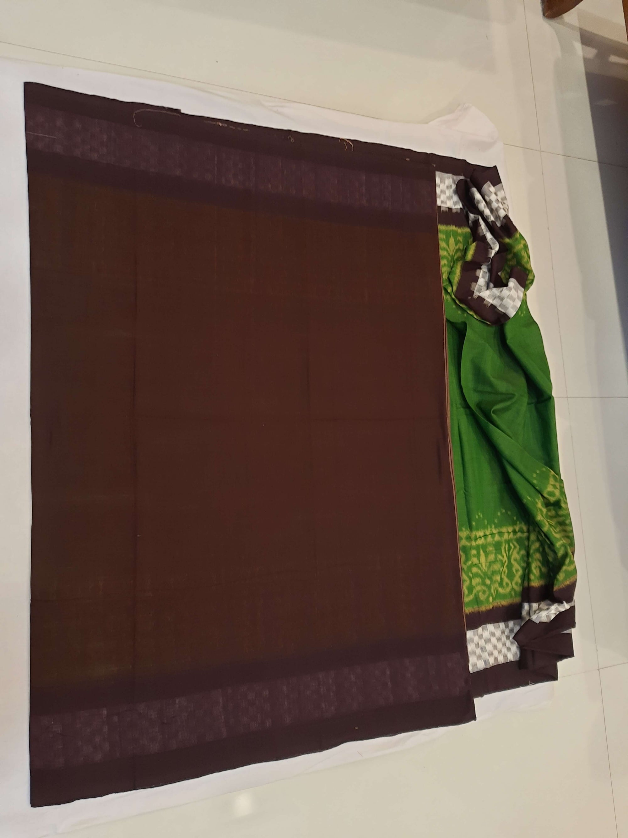 Green with Brown Cotton Odisha Ikat saree with running blouse piece