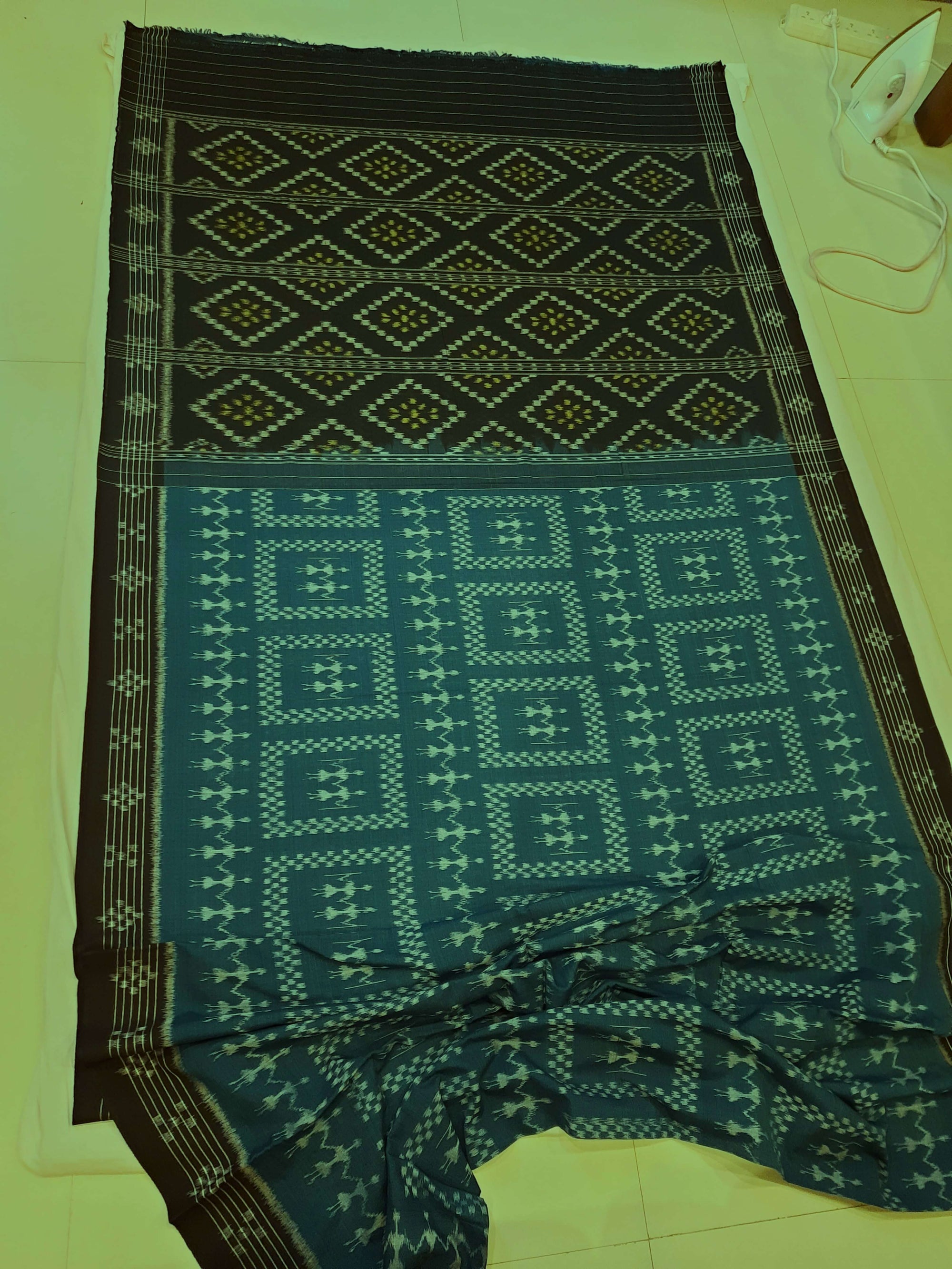 Blue Cotton Odisha Ikat saree  with mix match cotton ikat blouse piece