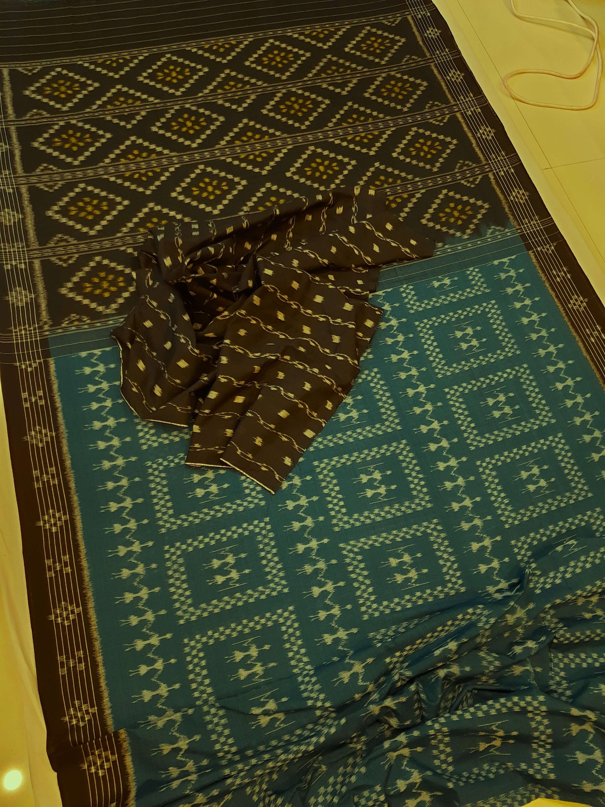 Blue Cotton Odisha Ikat saree  with mix match cotton ikat blouse piece