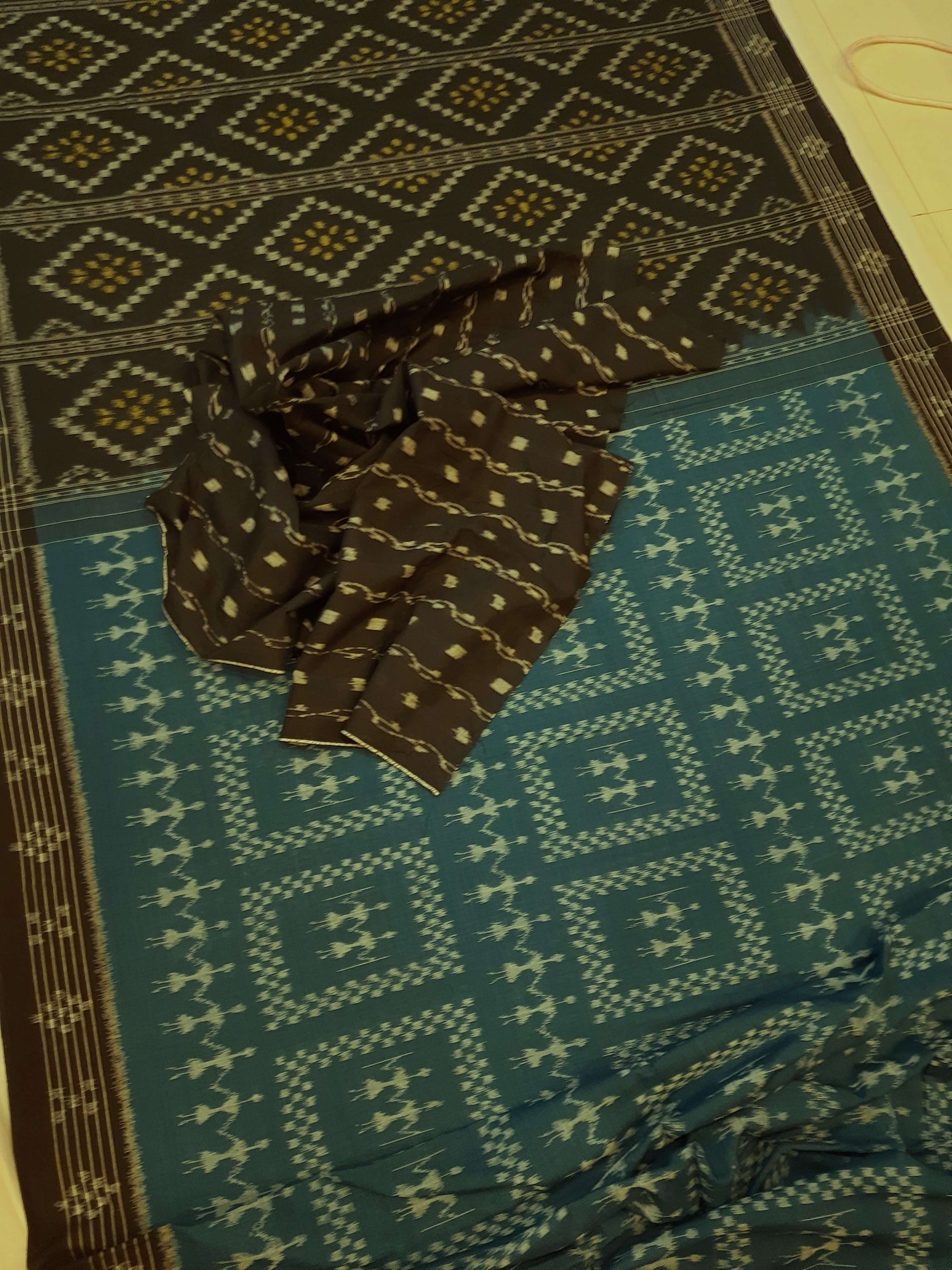 Blue Cotton Odisha Ikat saree  with mix match cotton ikat blouse piece