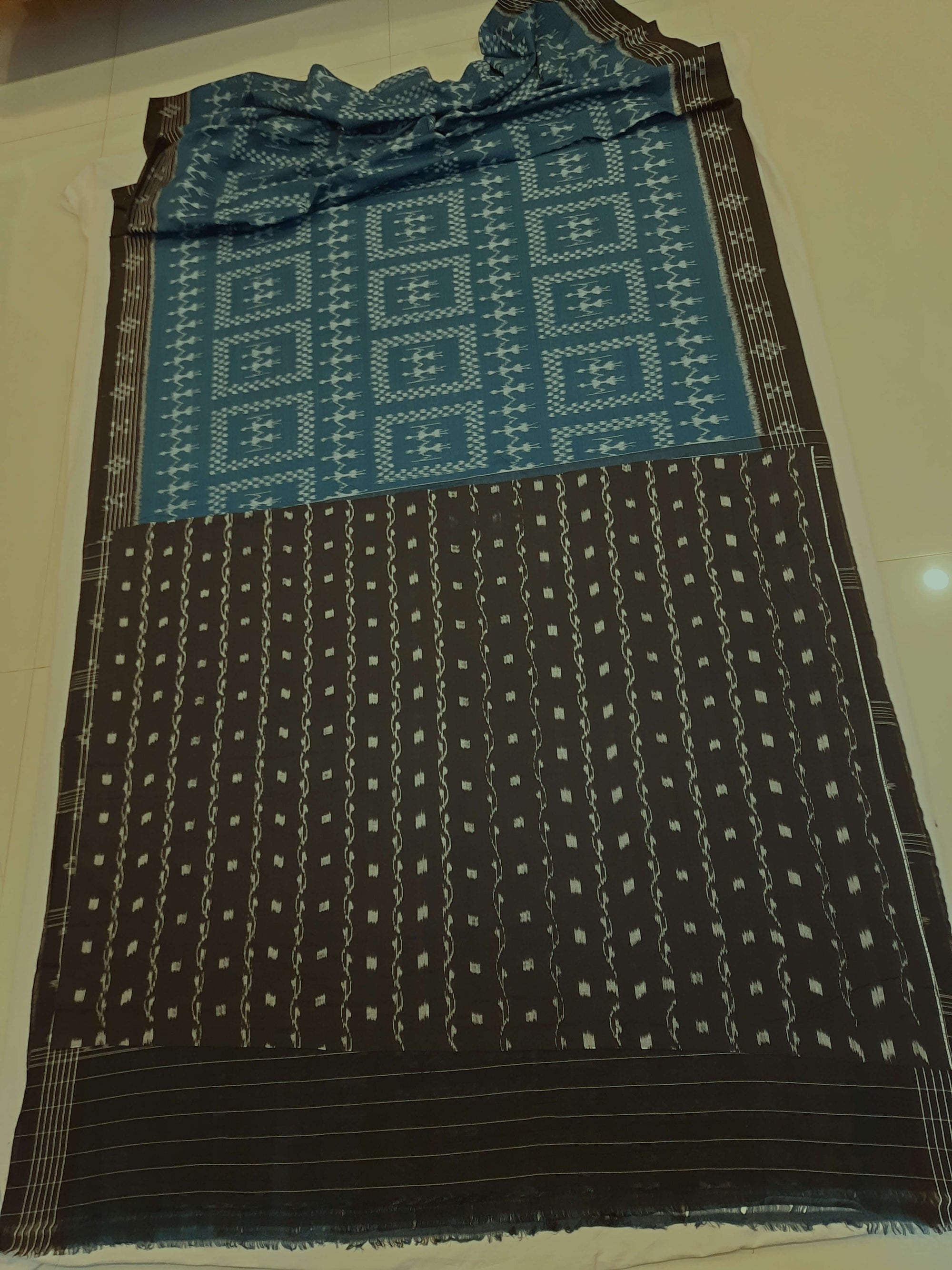 Blue Cotton Odisha Ikat saree  with mix match cotton ikat blouse piece