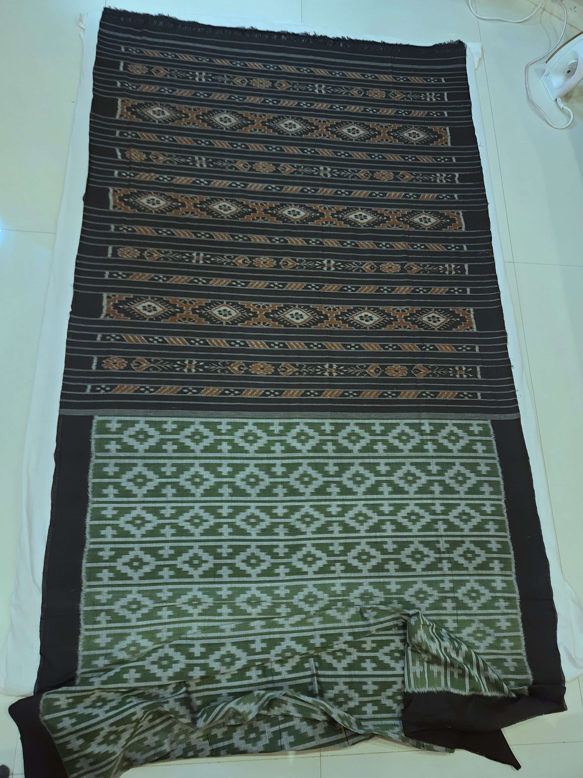 Green Cotton Odisha Ikat saree with mix match cotton ikat blouse piece