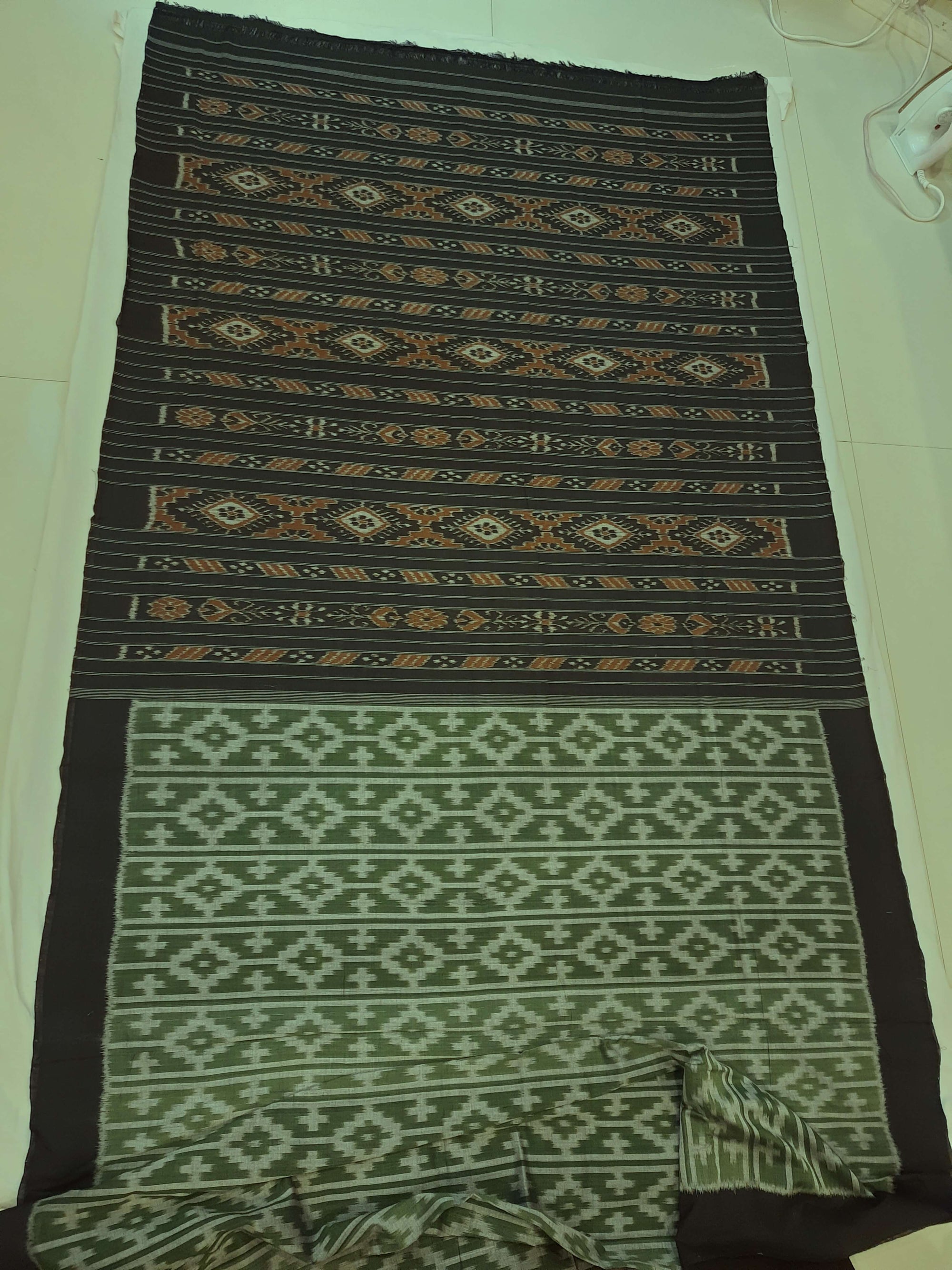 Green Cotton Odisha Ikat saree with mix match cotton ikat blouse piece